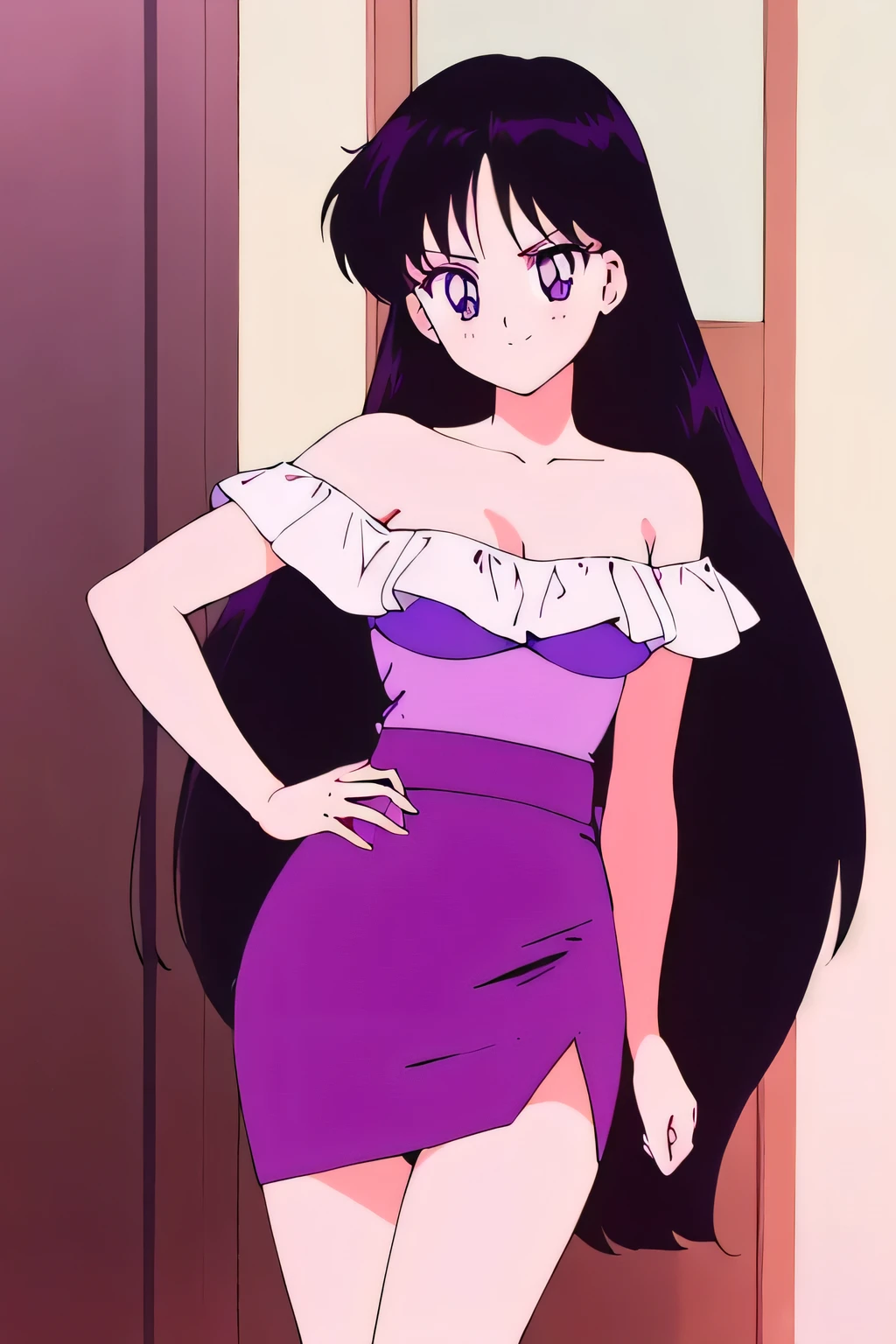 (retro anime girl:1.2), (masterpiece:1.2), (best quality), (ultra detailed), (8k,4k), (half body:1.2), (cowboy:1.2), (close up:1.2), (highly detailed:1.2), (White Ruffle Off-the-shoulder top:1.4), (purple pencil skirt:1.4), Rei Hino, 1 girl, solo, Best quality, masterpiece, High Definition, ager, Purple Eyes, Beautiful Detail Eyes, Black Hair, Long Hair, Good hands at sides, Seductive Smile, Blushing, Bare Neck, Bare Arms, Bare Shoulders, short sleeve, Strapless, White Ruffle Off-the-Shoulder Top, purple pencil skirt, standing up, looking at viewers, indoor room, a japanese door panels