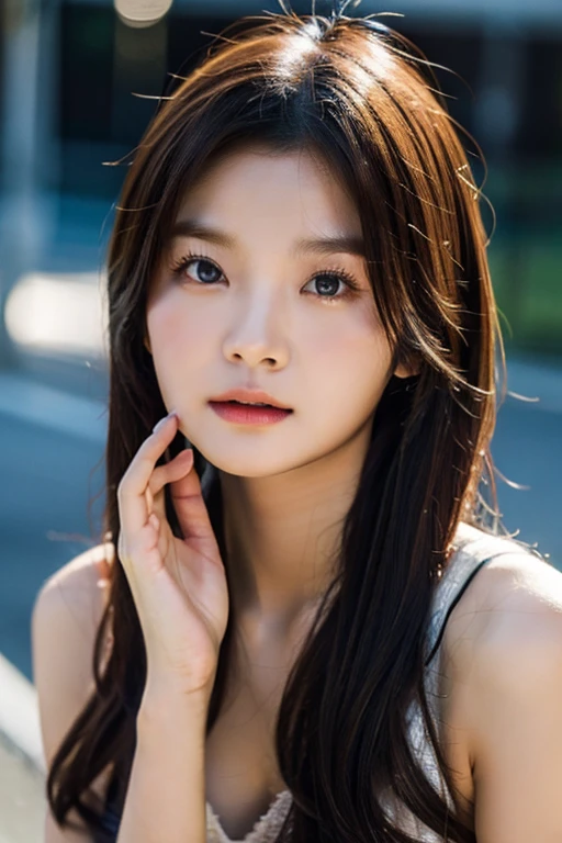 1girl, solo picture, Kim Yoo-jung, (beauty goddess face (mixRussian)), (insult strip colour hair), (8k HD extremely realistic detailed face:1.5 (soft scene, very low lightning),  masterpiece:1.3, ultra highres:1.2, dynamic lighting), cinematic scene, 