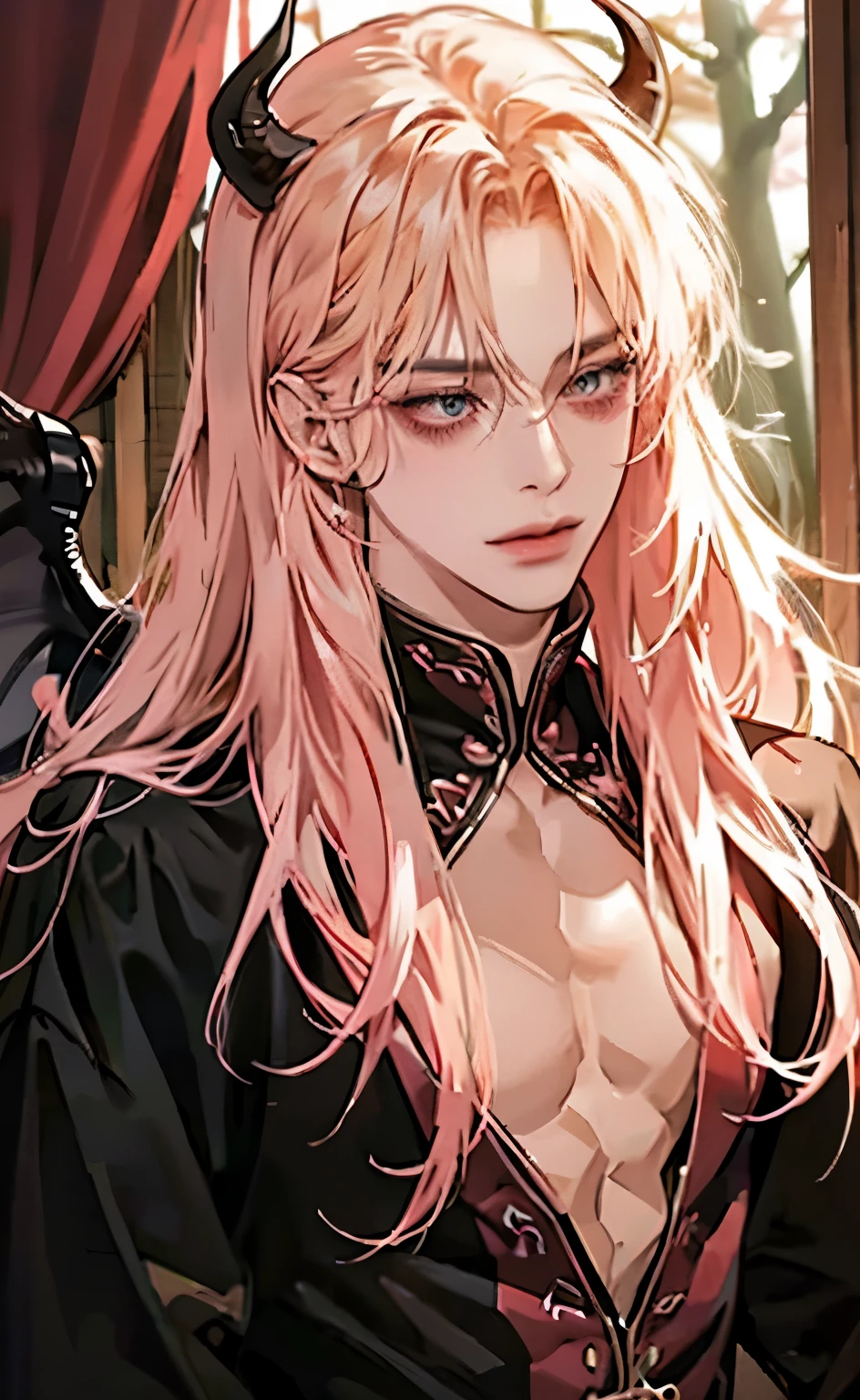 man,man,male,一个年轻英俊的man,high resolution,紫发man,long hair,Straight Hair,Big Devil Double Horn,Long pointed ears,Pink Skin,Seductive smile,Succubus in the forest,moan,Anime style,Wide angle close-up,Ultra-high-definition 16K quality masterpiece details,Heart-shaped pupil,small cute nose,High nose bridge,Pink Skin,red lips,Open clothes,Black clothes,Devil Wings,Western succubus,Sexy,front,Topless,Sexy