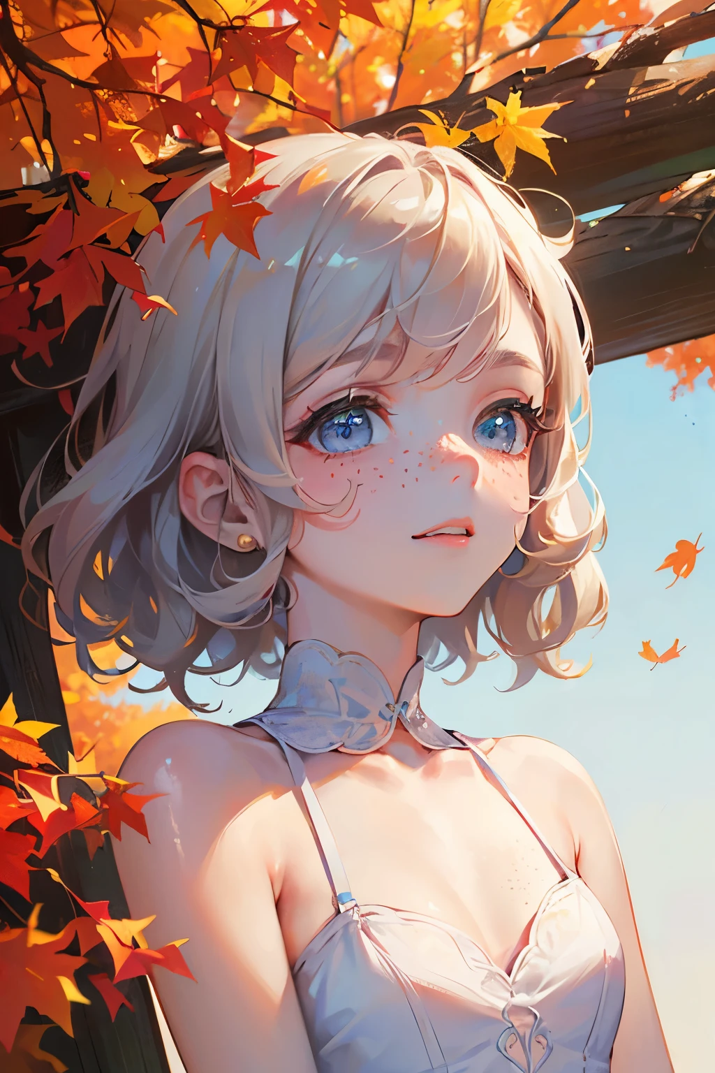Top quality face,((Top Quality, 8k, Masterpiece: 1.3)), girl ((wavy hair, pale skin, long light ginger hair),((light blue eyes)), freckles, warm light,( 16 years old), (very small round breasts),Ultra detailed face, detailed eyes, double eyelids, (body builder:0.8),(shiny skin:1.2),(satisfied face:1.3), (full-body view),autumn mini dress