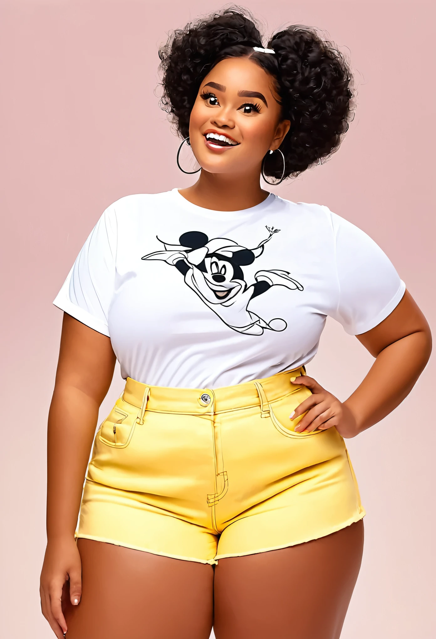 Mulher negra cacheado, blusa amarela , short branco, gorda, alta, modelo disney pixar cartoon
