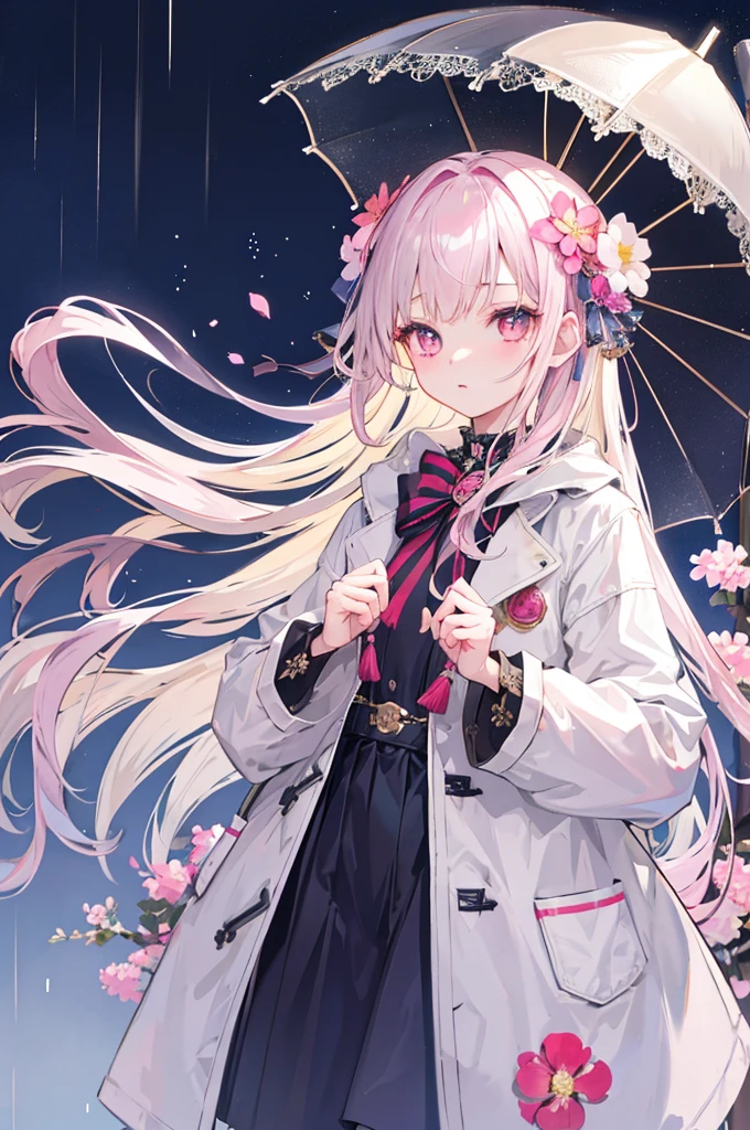 One Girl、Night City、rain、coat、Put your hands in your pockets、Absurd, High resolution, ((Tabletop)), And soul、((highest quality)), (Super detailed), ((Very detailed)), (beautiful), ((pretty girl)), solo,(:1.6)、beautiful face、White skin、On the street、There is a big stuffed animal that is very cute...Shiny casual attire、long pale blonde hair、Pink flower hair ornament、