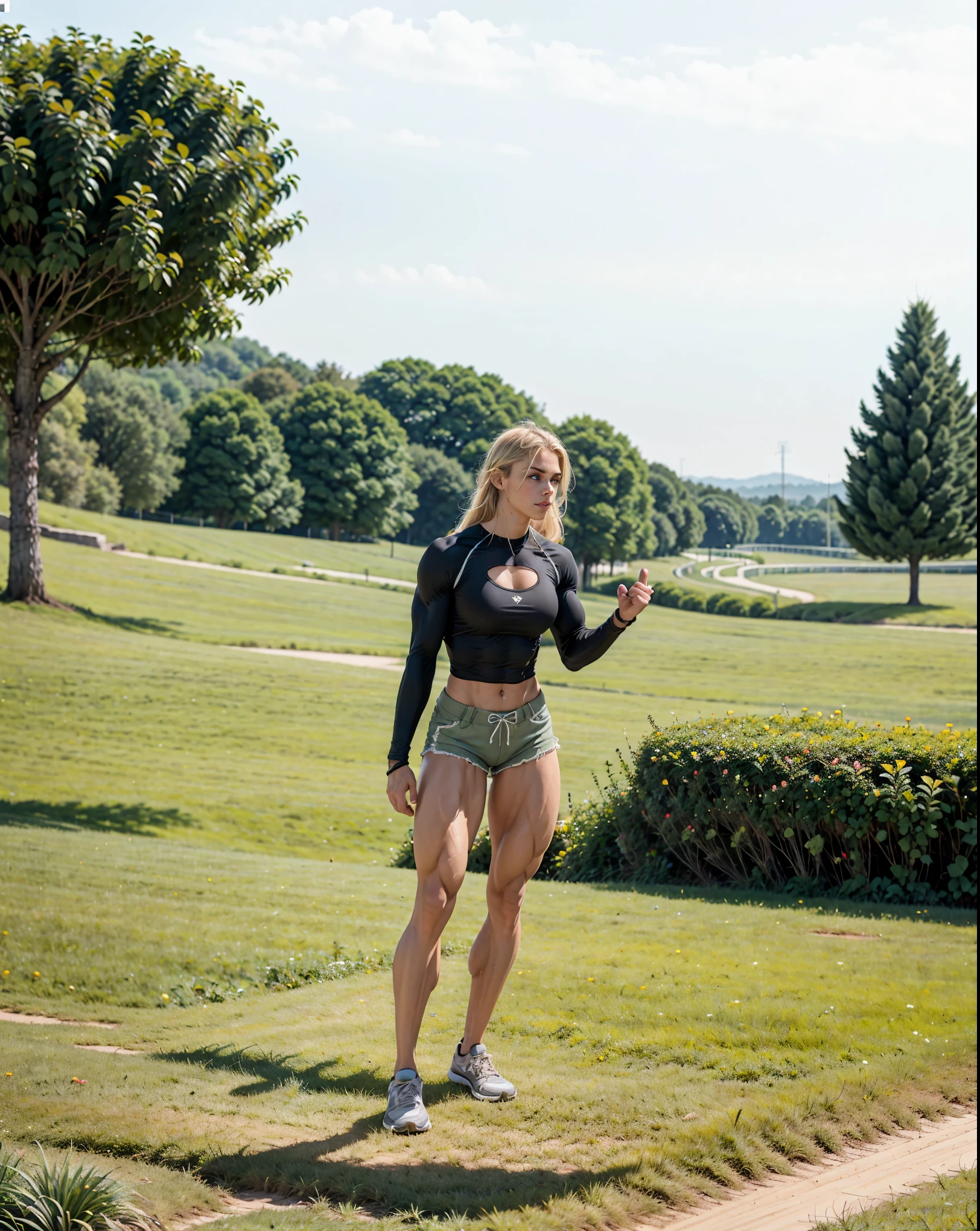 sixpack, ripped, muscle girl, tan, biceps, veins, sexy, , beautiful, shorts, muscular legs, blonde long hair, sports-bra