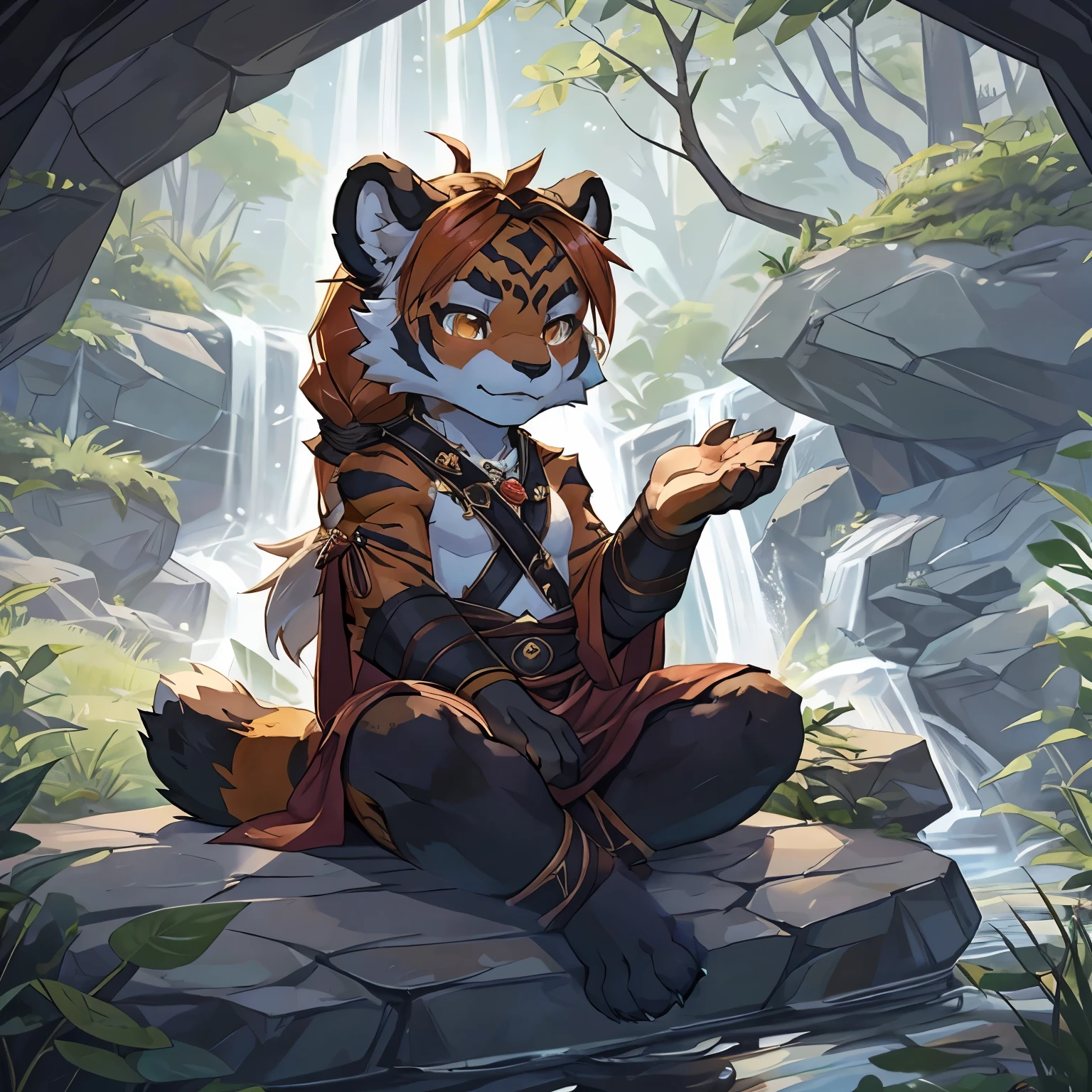 (4fingers), small_round_ears, small_panda_ears, pandaren, world_of_warcraft, furry, anthropomorphic, fluffy_tail, foxtail, cfemale, claws, red_panda, tiger_stripes, tiger_face, flat_chested, shortstacK, short, amber_eyes, pupils, (tiger_legs), (left_foot_black_fur), (right_foot_white_fur), (four_fingers), long_ponytail, waist_long_hair, (three_toes), simple clothing, detailed_eyes, detailed_face, sitting_on_a_rock, by_a_waterfall, meditating, (3toes)