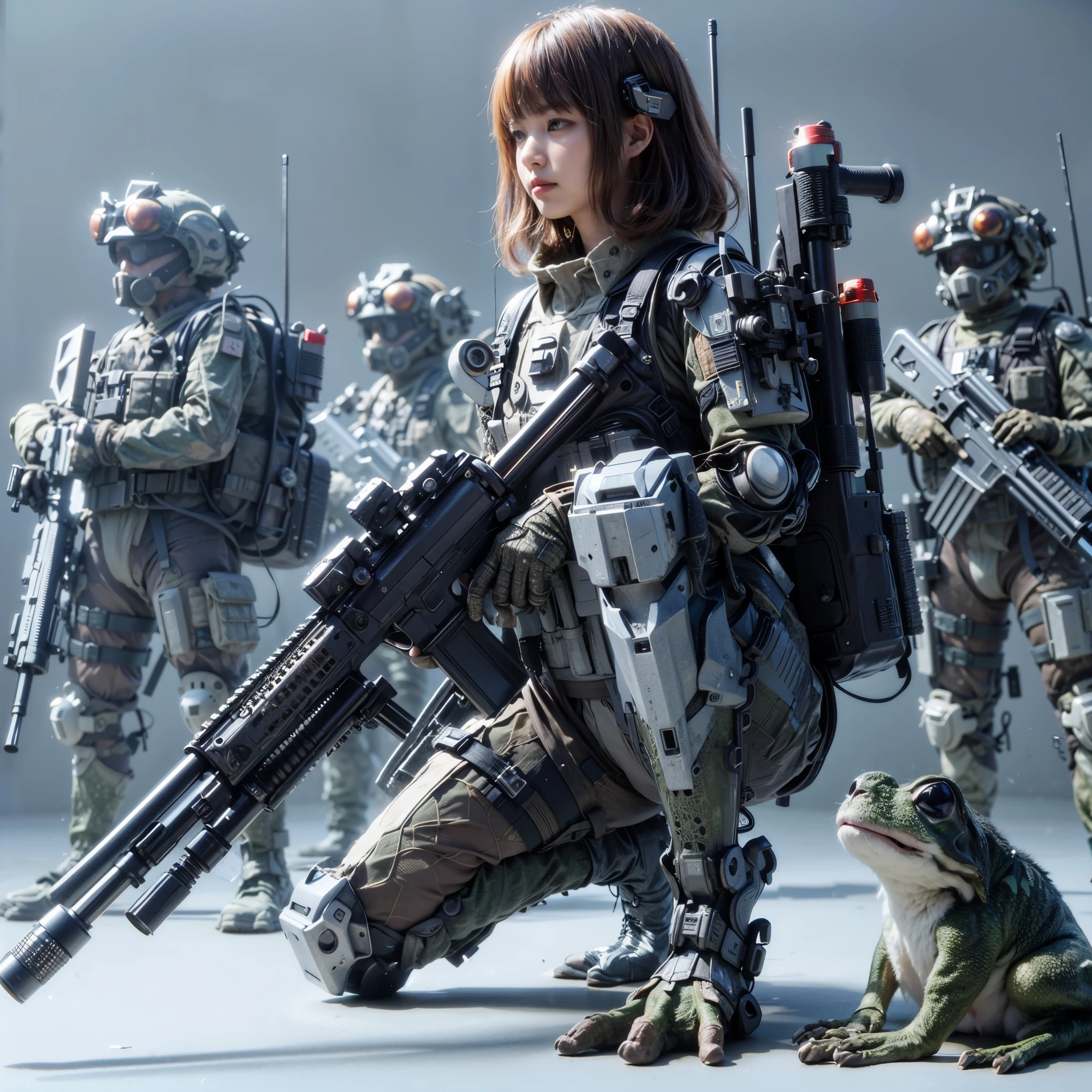 ultra high res,8k,(Photorealsitic:1.4), (beast-like animal wear:1.2), designed by Hajime Katoki,heavy weapons,vivid textures,animal legs, gradation hair, japanese female soldier,(ultra beautiful face),((super realistic all textures)), ((super intricate all details)), full body shot, ultra sharp photo result, Acrylic Clear Cover, Hydraulic cylinder, style, taken with Fuji film X-T30+Nokton. HDR10,Minimum of 4 pieces created