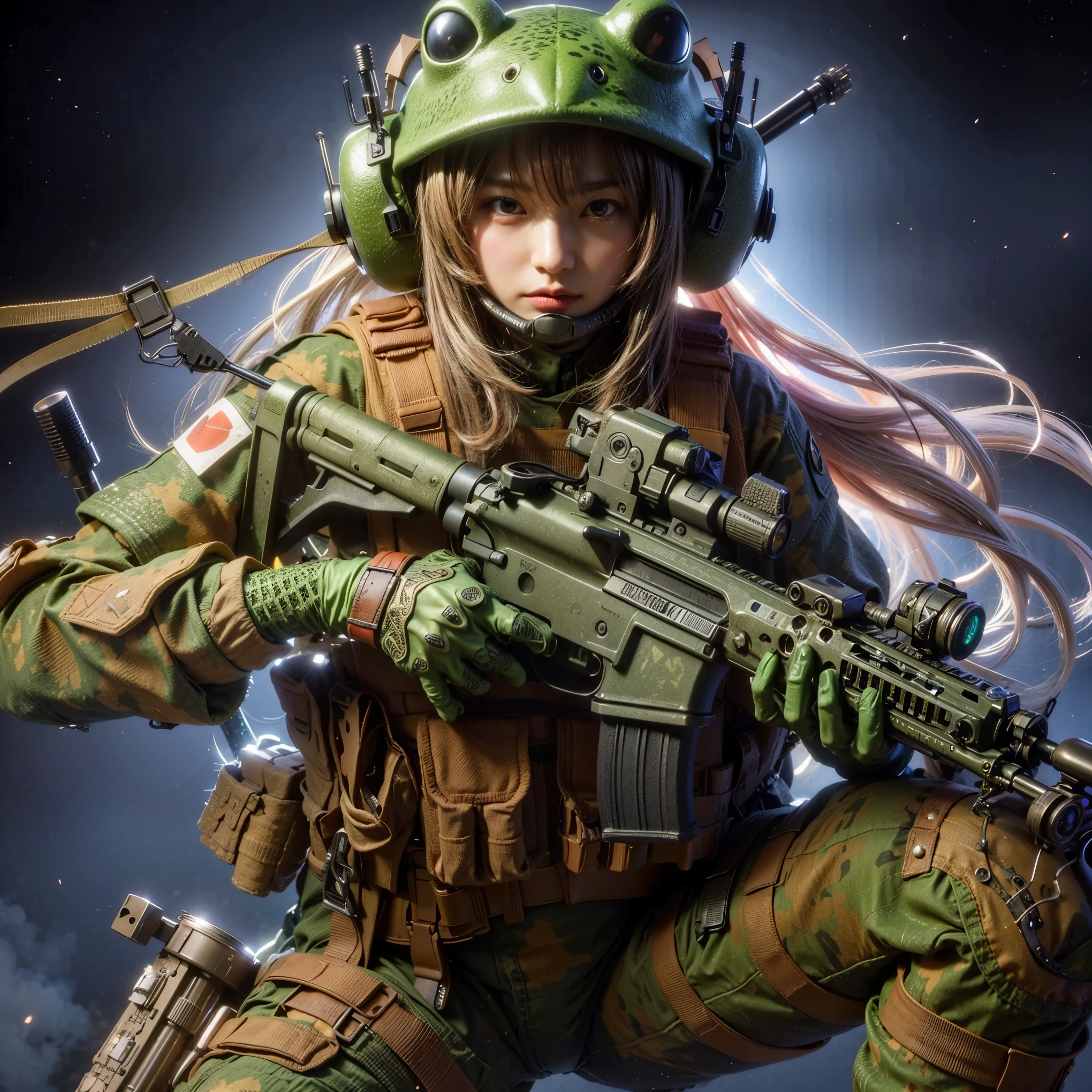 ultra high res,8k,(Photorealsitic:1.4), (beast-like animal wear:1.2), designed by Hajime Katoki,heavy weapons,vivid textures,animal legs, gradation hair, japanese female soldier,(ultra beautiful face),((super realistic all textures)), ((super intricate all details)), full body shot, ultra sharp photo result, Acrylic Clear Cover, Hydraulic cylinder, style, taken with Fuji film X-T30+Nokton. HDR10,Minimum of 4 pieces created