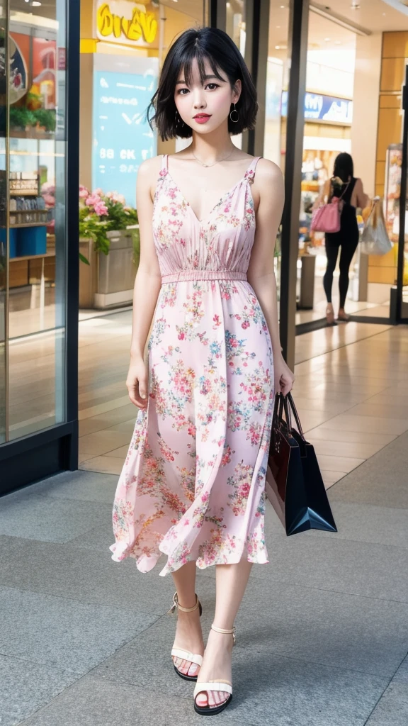 (8k, Photorealistic, Raw photo, Highest quality: 1.4),Japanese idol style1Beautiful girl of the person,20-year-old,Short bob hairstyle,Black Hair,My hair is blowing in the wind,Big, clear grey eyes,Long eyelashes,Plump Cheeks,She is wearing pink lipstick,Apply gloss over your lipstick for glossy, plump lips,She is wearing a long, sleeveless floral dress,wearing sandals on bare feet,holding a handbag in hand,Shopping at the mall,Full body portrait