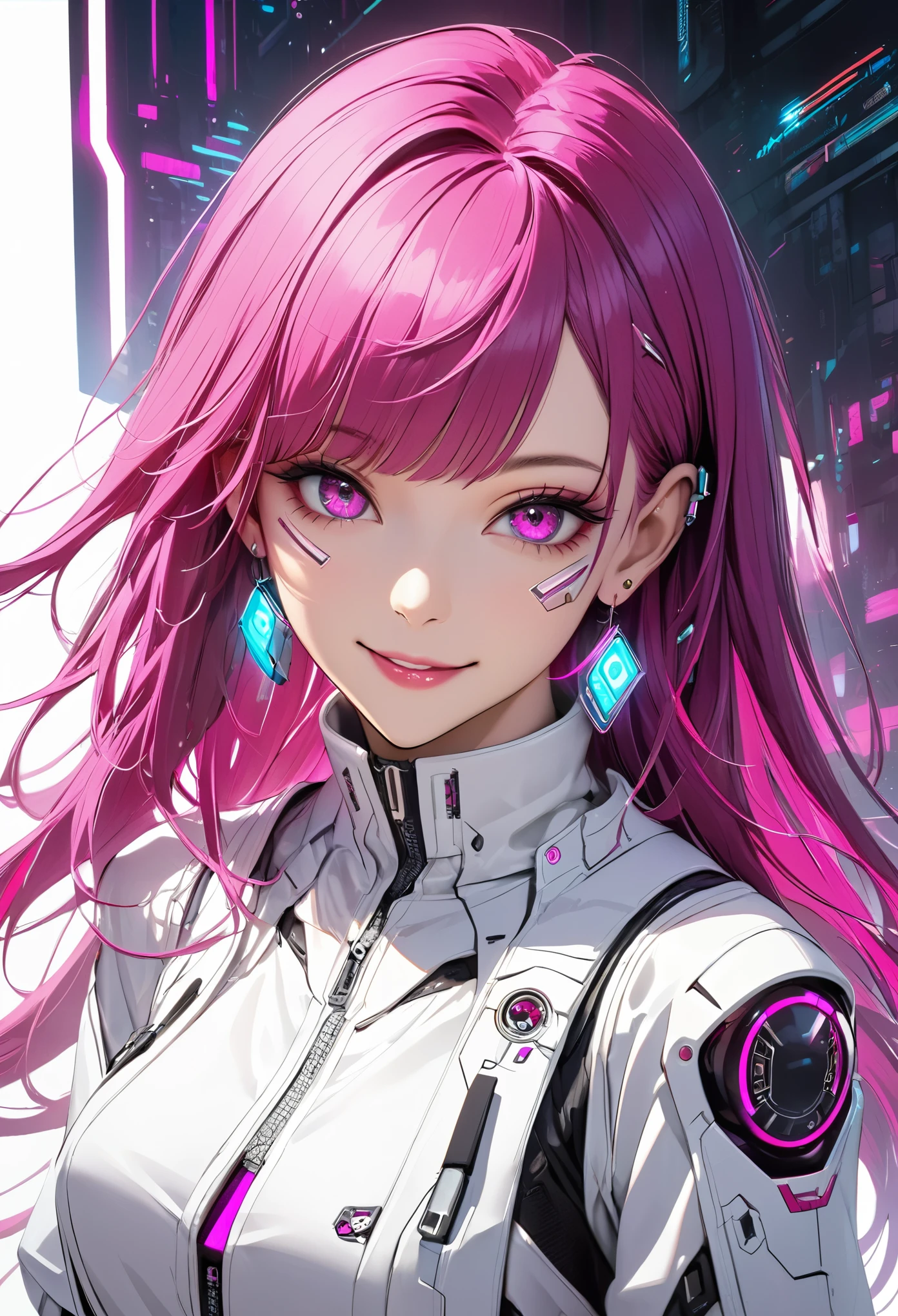 Beautiful, solo, 1 female, mature, long hair, magenta hair with bangs, hotpink eyes, white clothes, smile facial, futuristic, cyberpunk, dices, earrings