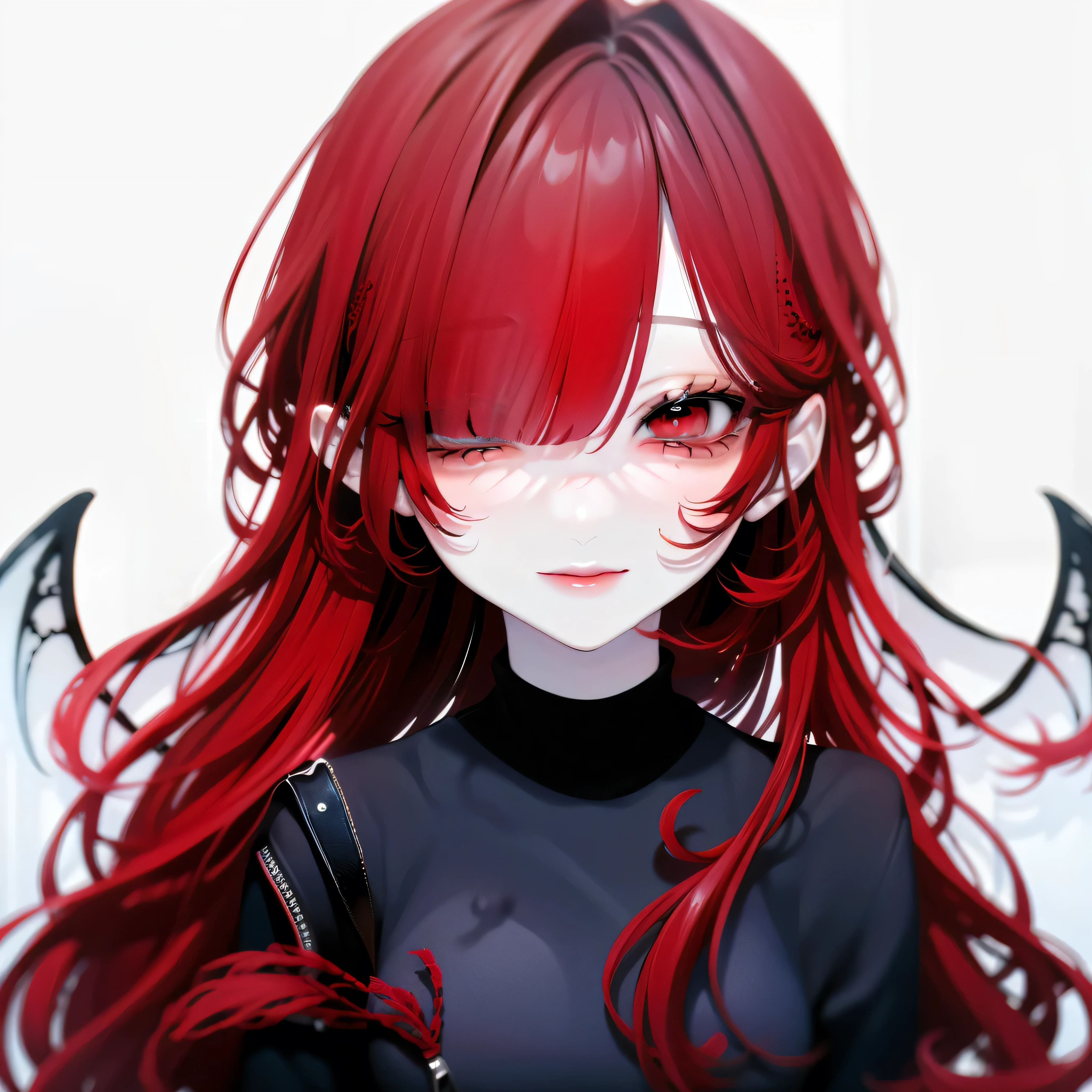 a girl with red tinted hair, half-length statue, 4k hd, face expressionless, anime style, sideface, white background, dark, eerie, smiling, dark angel, deceiving, smug look