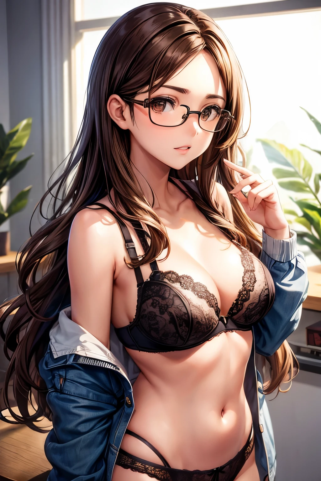 long brown hair，Brown eyes，Glasses，Girl，three point bra，underwear