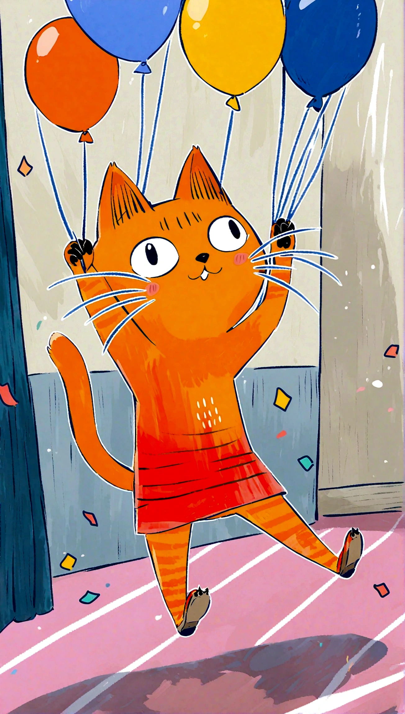 playful cat jumping in the air with a colorful background of balloons and confetti, looking joyful and energetic.