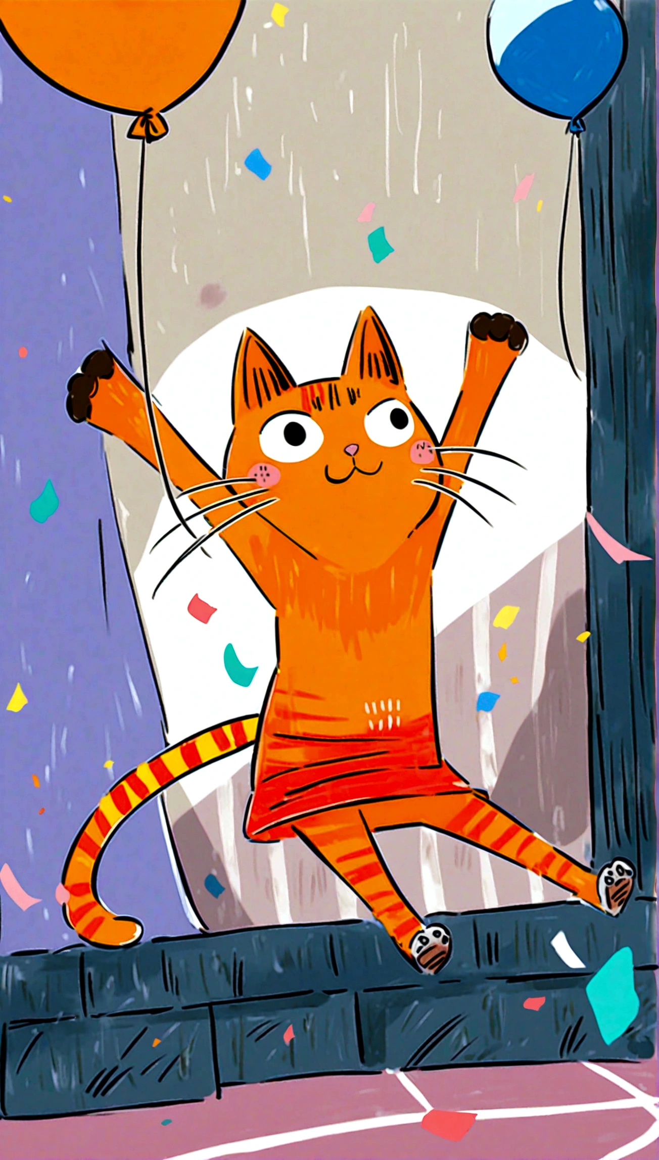 playful cat jumping in the air with a colorful background of balloons and confetti, looking joyful and energetic.