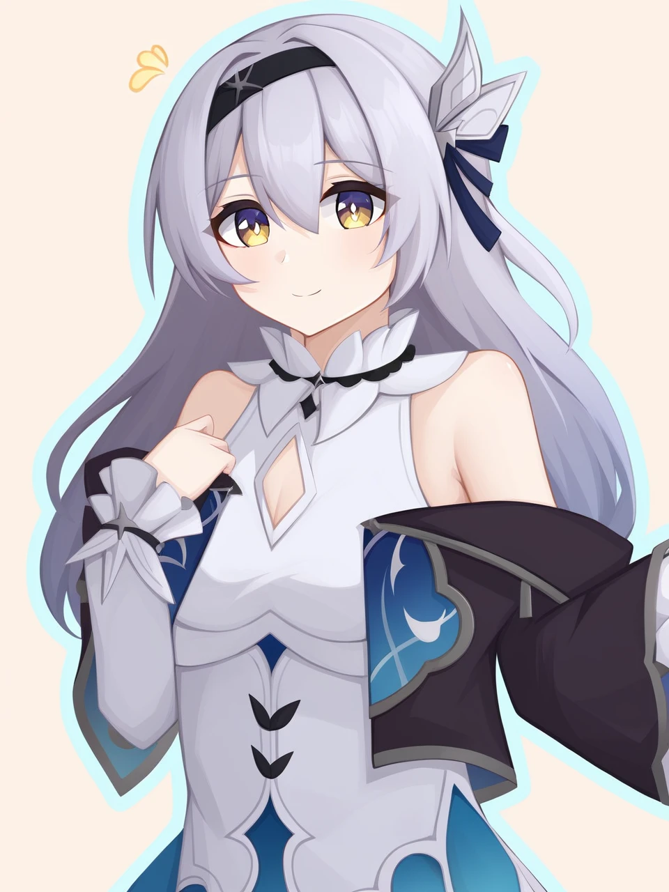 1girl, firefly \(honkai: star rail\), solo, black thighhighs, hairband, gradient skirt, hair ornament, blouse, frilled collar, hoodie, yellow neckerchief, standing, floating hair, depth of field, light smile, bokeh, fireflies, night , masterpiece, best quality, high quality, highres, ultra-detailed