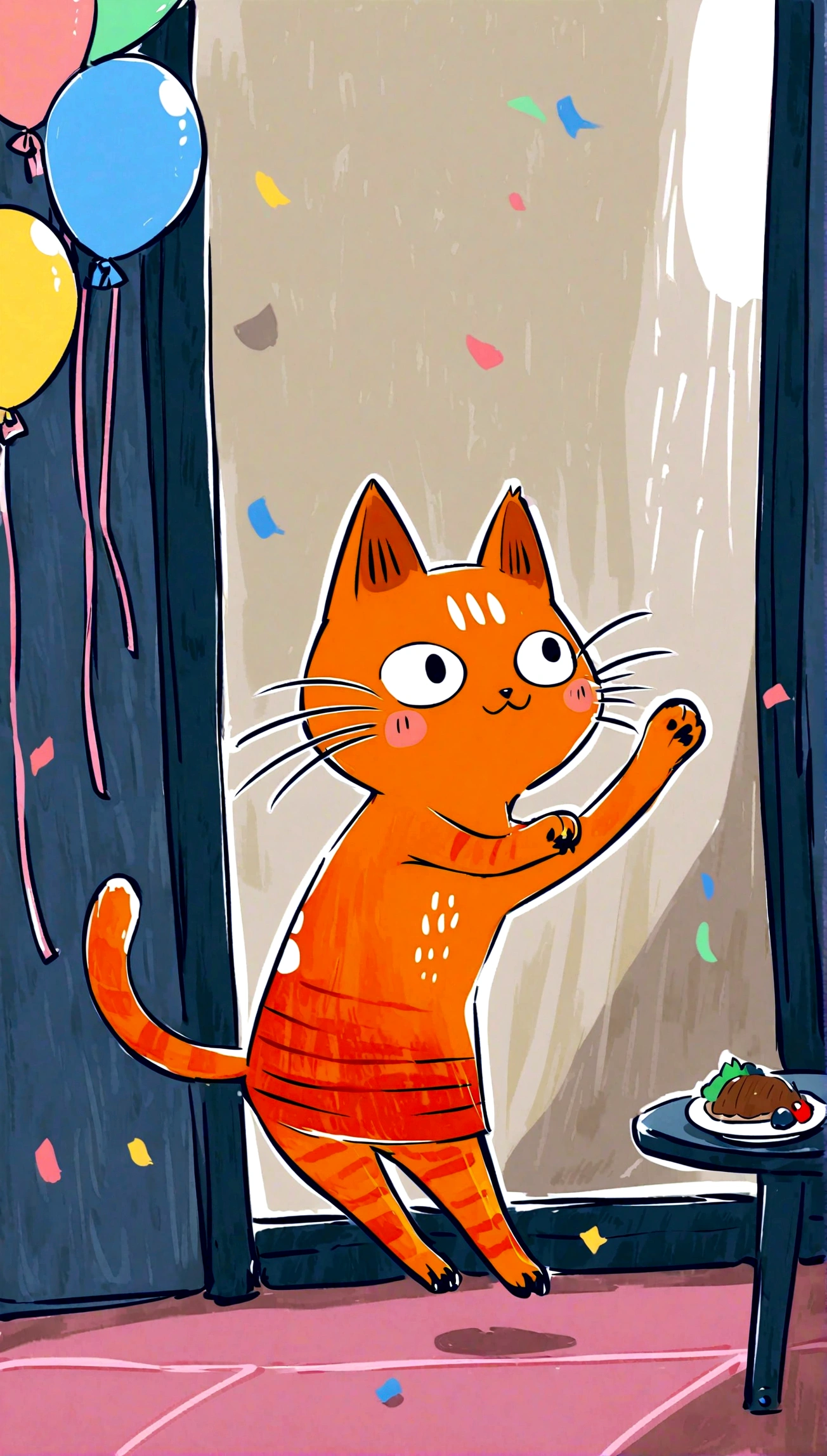 playful cat jumping in the air with a colorful background of balloons and confetti, looking joyful and energetic.