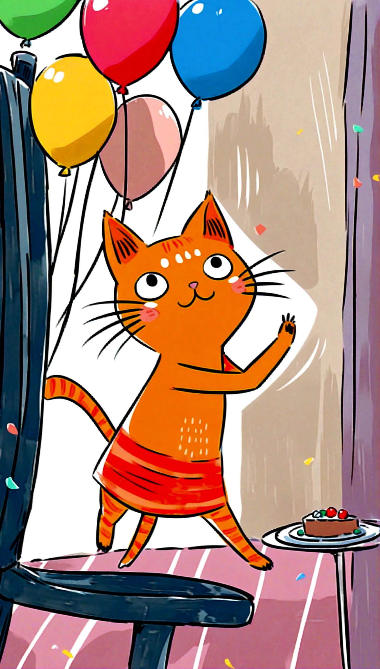 playful cat jumping in the air with a colorful background of balloons and confetti, looking joyful and energetic.