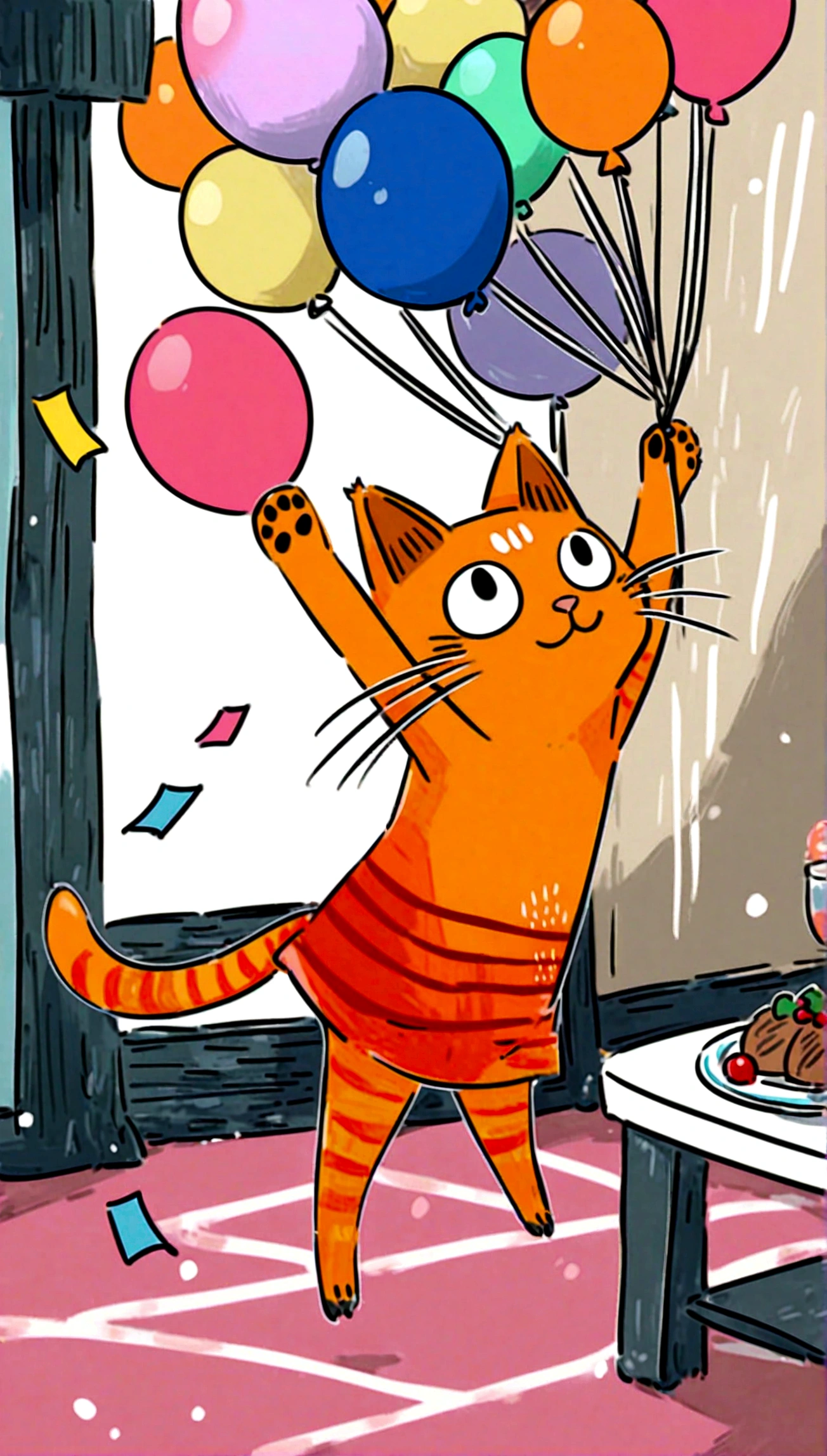 playful cat jumping in the air with a colorful background of balloons and confetti, looking joyful and energetic.