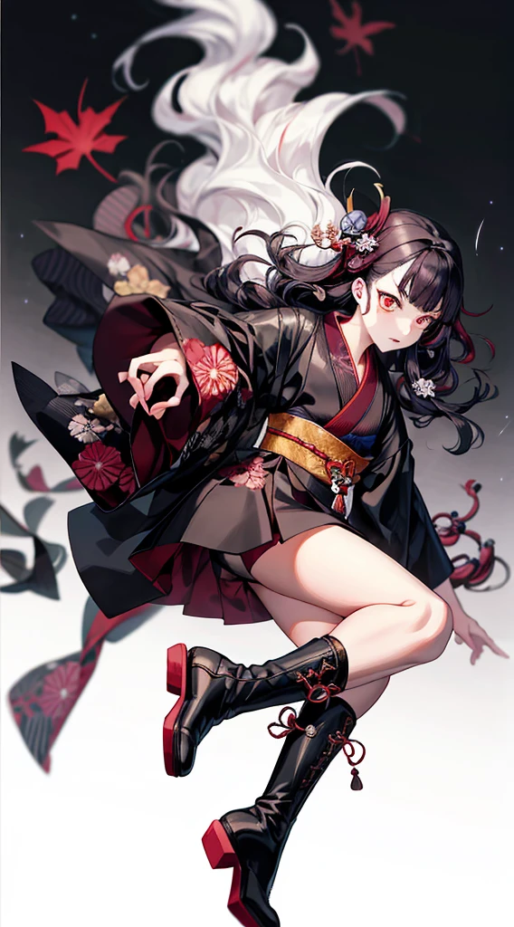 {{{ukiyo-e_style}}},{{flat_style}},{Simple_color},{{{masterpiece}}},{katsushika_hokusai},length_hair,hair_flower,{{black_hair}},red_eye,red_null,{Chinoiserie},{{{Highest_quality}}},kimono,{{Super detailed}},{figure},Maple_leaf_flight,{{One Woman}},{{{alone}}},{{of_Very To_delicate_ofd_beautiful}},blofk_stare,close_To_Audience,{Wind},{flight_splash},{flight_petal},Wind,{Gorgeous ofd rich graphics}((Undressed kimono))((Big Ass))((black thong))(((Black leather long boots)))
