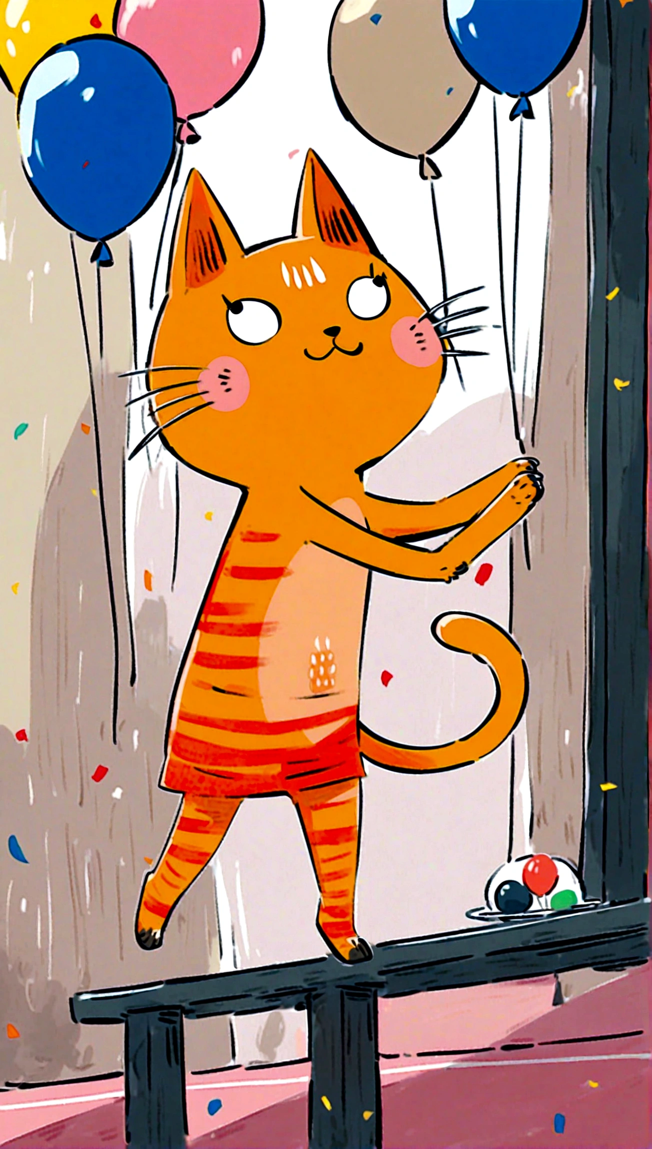 playful cat jumping in the air with a colorful background of balloons and confetti, looking joyful and energetic.