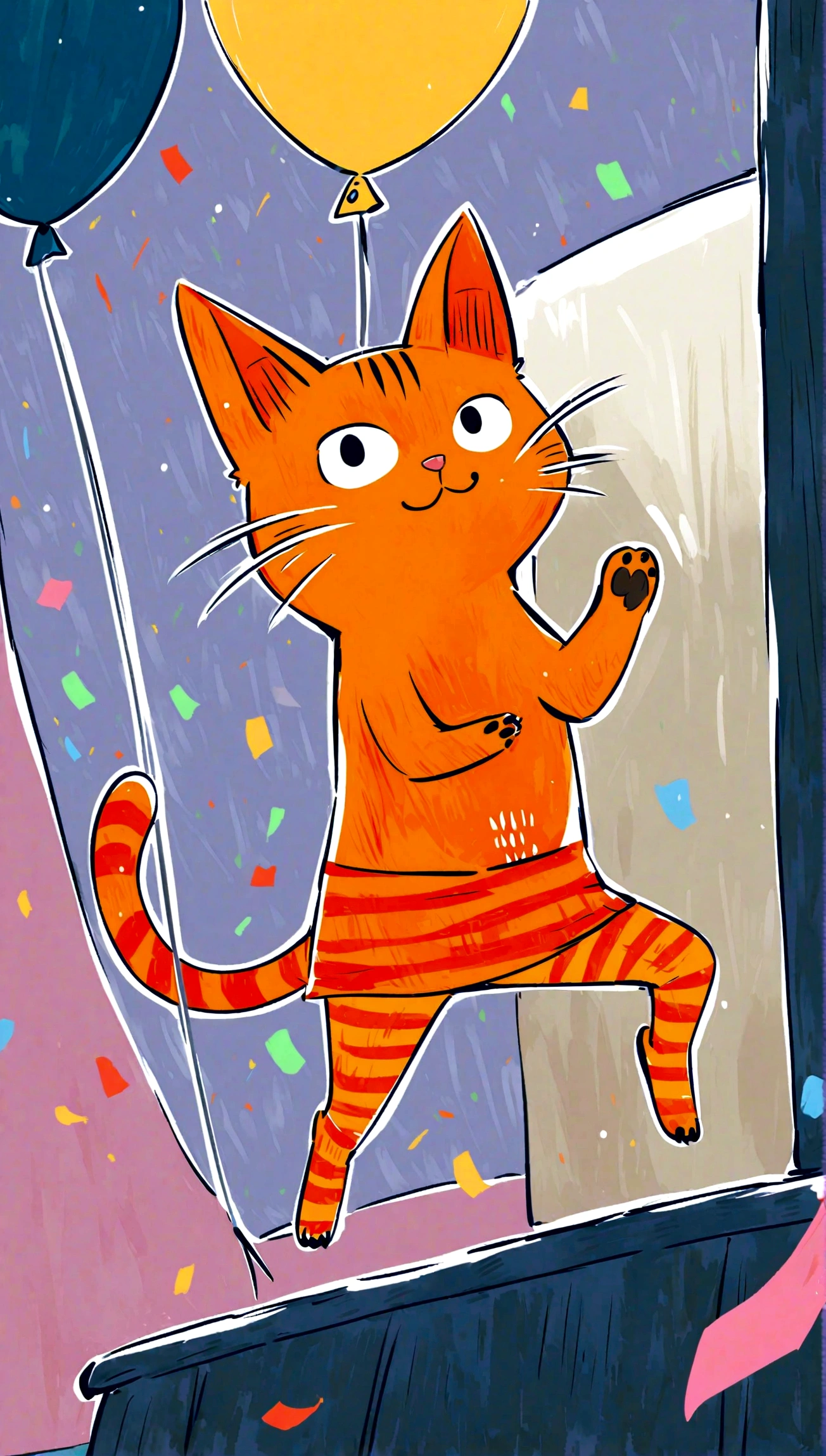 playful cat jumping in the air with a colorful background of balloons and confetti, looking joyful and energetic.