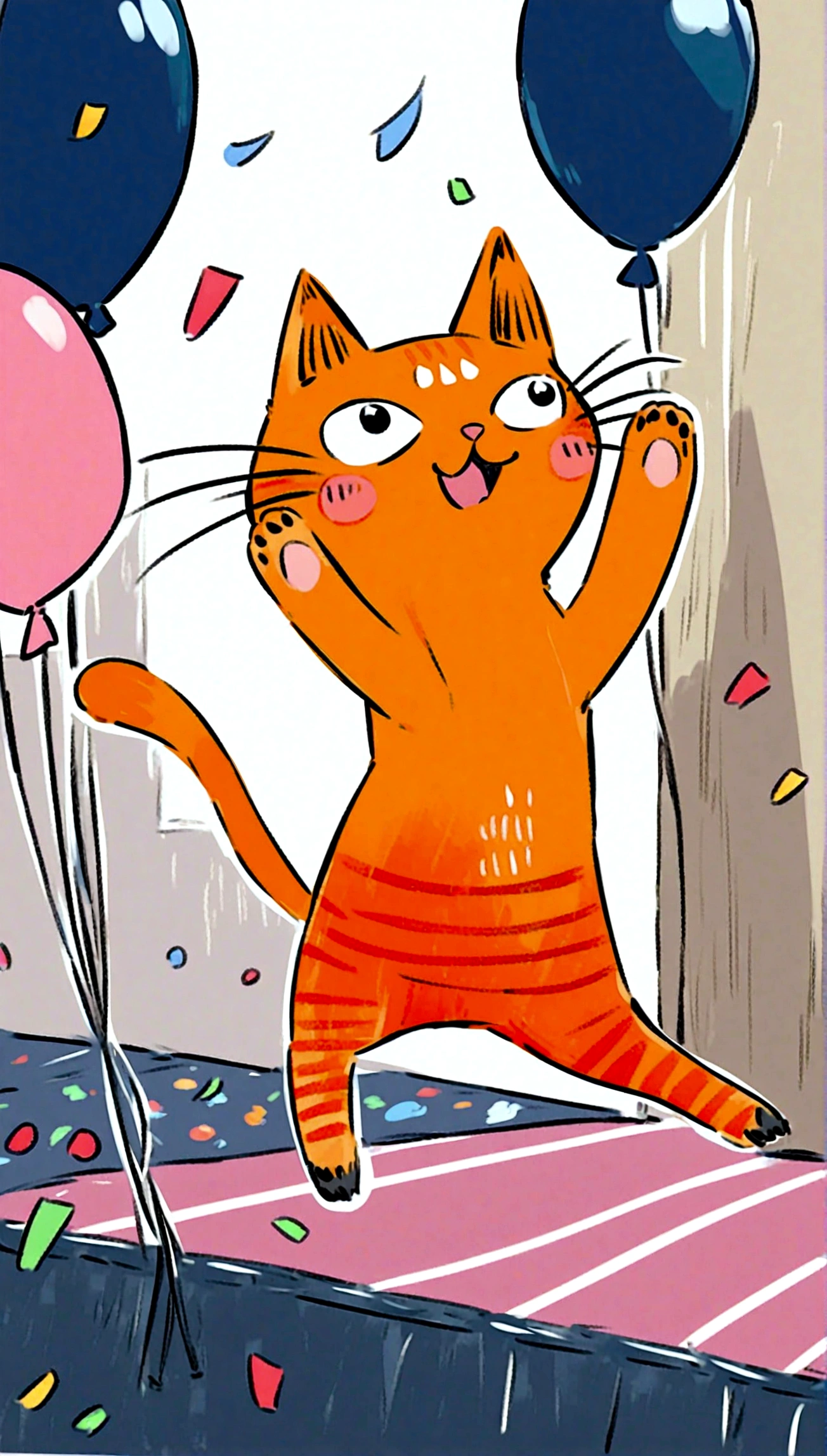 playful cat jumping in the air with a colorful background of balloons and confetti, looking joyful and energetic.