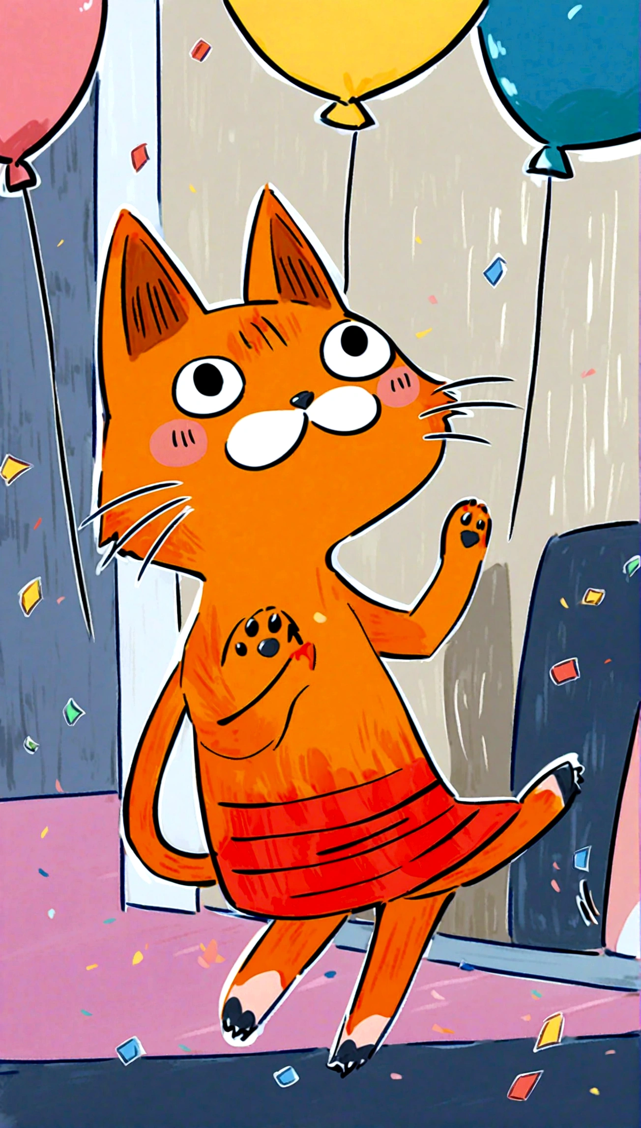 playful cat jumping in the air with a colorful background of balloons and confetti, looking joyful and energetic.