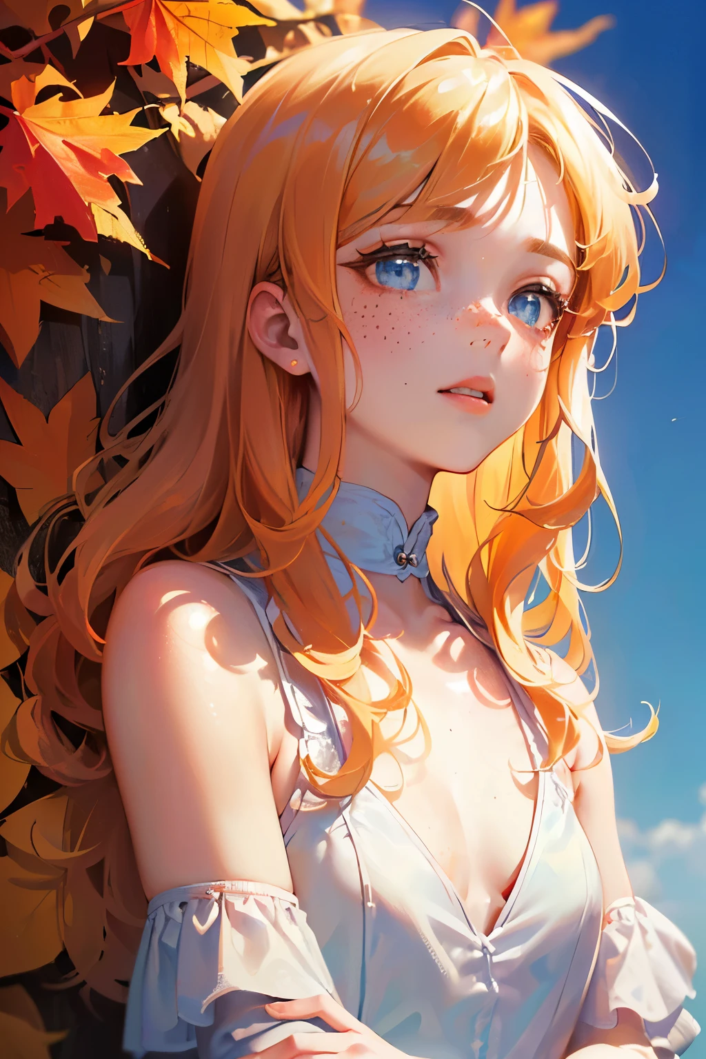 Top quality face，((Top Quality, 8k, Masterpiece: 1.3)), girl ((wavy hair, pale skin, long light ginger hair),((light blue eyes)), freckles, warm light,( 16 years old), (very small round breasts),Ultra detailed face, detailed eyes, double eyelids, (body builder:0.8),(shiny skin:1.2),(satisfied face:1.3), (full-body view),autumn mini dress