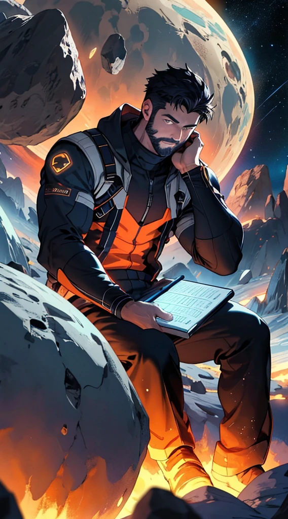Draw a young programmer, sitting on a research platform floating in the middle of an asteroid belt. He is studying with a notebook, surrounded by several asteroids glowing with fiery auras. Dramatic lighting from distant stars and planets illuminates the scene, casting deep shadows on the suit. The young man looks confident and determined, looking at the vast and mysterious universe with wonder and respect,facial hair, cowboy shot,