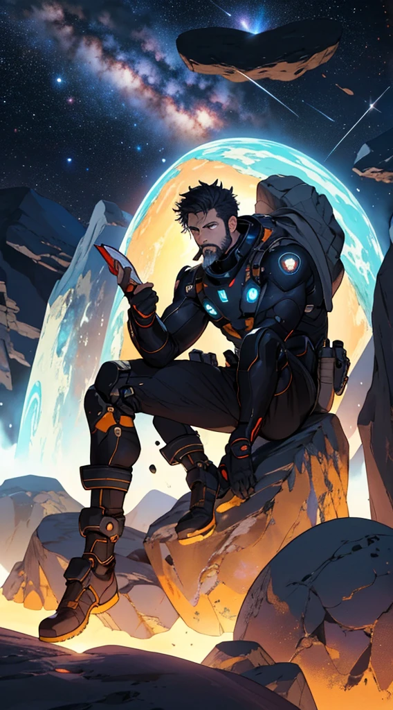 Draw a young programmer, sitting on a research platform floating in the middle of an asteroid belt. He is studying with a notebook, surrounded by several asteroids glowing with fiery auras. Dramatic lighting from distant stars and planets illuminates the scene, casting deep shadows on the suit. The young man looks confident and determined, looking at the vast and mysterious universe with wonder and respect,facial hair, cowboy shot,