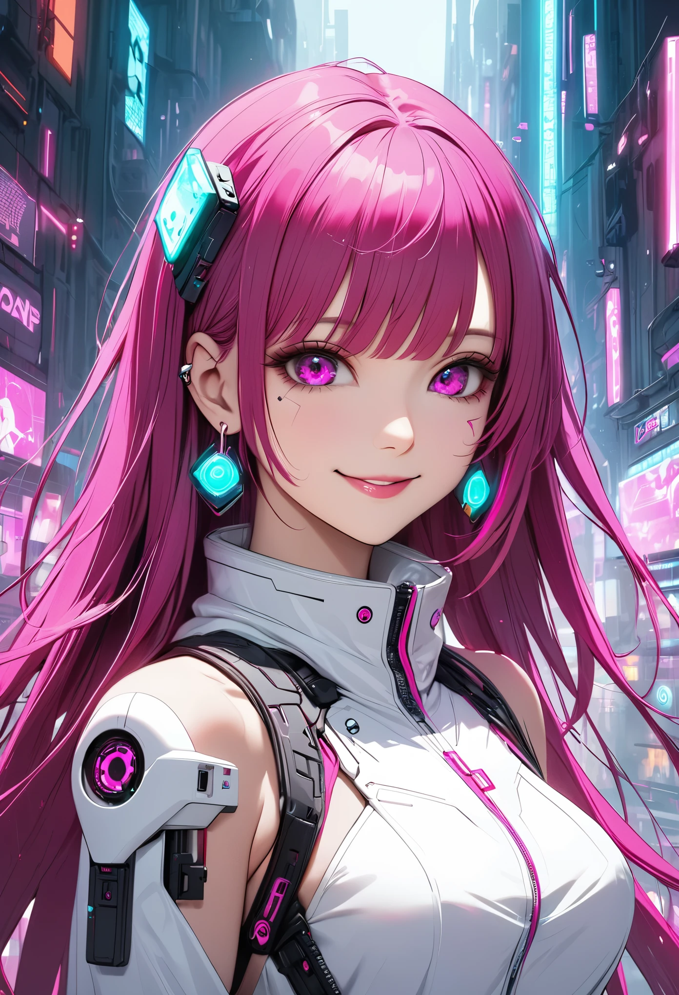 Beautiful, solo, 1 female, mature, long hair, magenta hair with bangs, hotpink eyes, white clothes, smile facial, futuristic, cyberpunk, dices, earrings