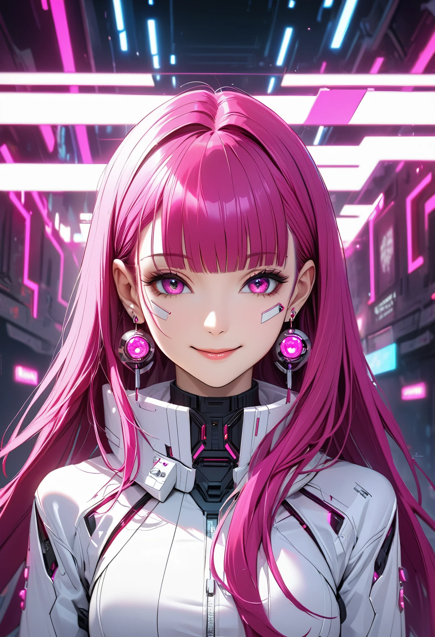 Beautiful, solo, 1 female, mature, long hair, magenta hair with bangs, hotpink eyes, white clothes, smile facial, futuristic, cyberpunk, dices, earrings