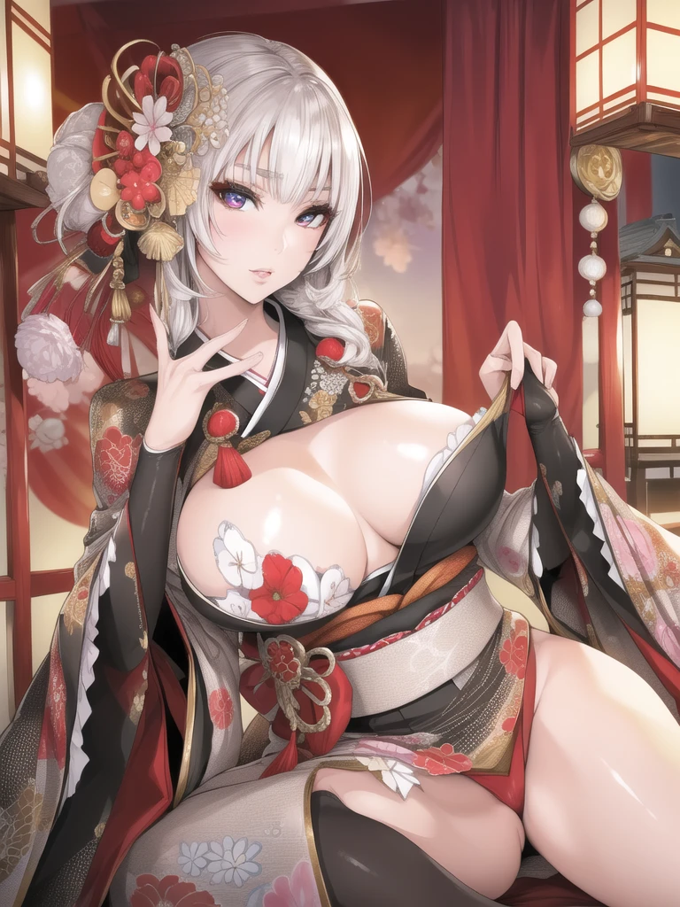 best quality,masterpiece, high res,original, beautiful detailed eyes,ultra-detailed, perfect anatomy,
1girl, solo, full body,
japanese clothes, kimono, white and black kimono,
large breasts, wide hip, mature female,
glamorous body, slender body,
perfect lighting,Colorful, Bright_Front_face_Lighting, shiny skin,
(beautiful_face:1.5),