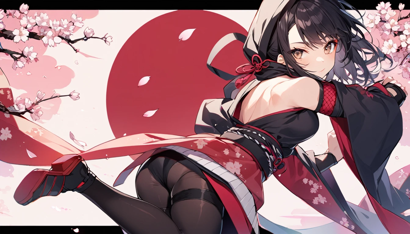 Female ninja with shoulder blades, Asian, Long black hair, Brown eyes, Hooded, tights, Ninja costume, Cherry blossom background, Japan