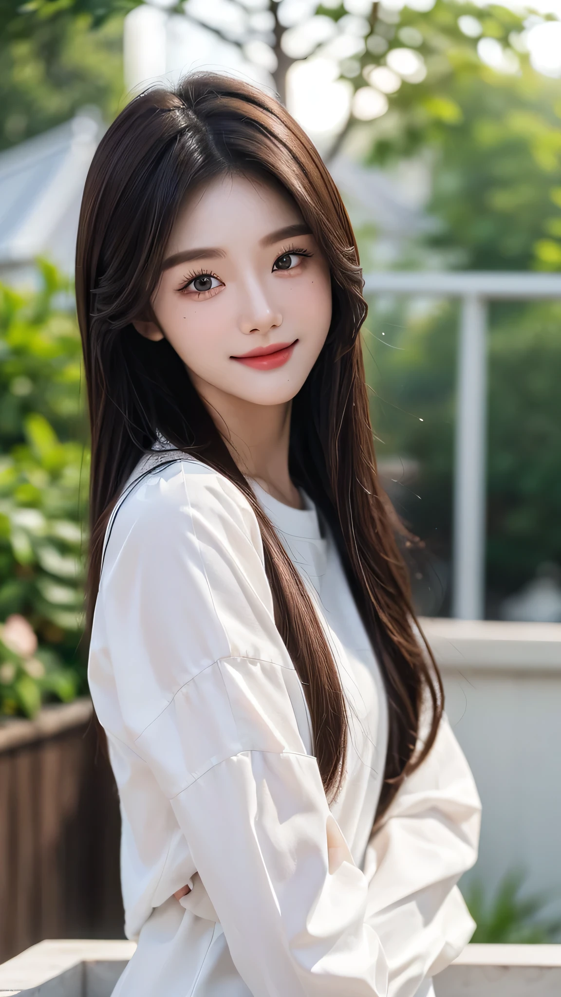 masterpiece、top-quality)、1 beautiful girl, (Detailed beautiful eyes), ((Detailed skin)) , ((Detailed medium hair)), in the white villa、((Boyish Brown Medium Hair))、((Smaller face))、((Neutral face))、((Face seen from the side))、((Light brown eyes))、((Korean Girl))、((18year old))、((shirt and short))、((A shy smile on his face))、((Korean Makeup))、((elongated and sharp eyes))、((Happy dating))、((boyish))、((Shot from the same height as your face)、full body , RAW photos, on the white villa ), ((CG rendering)), ((Blurred background)), ((16K)), ((Very detailed)), ((wallpaper)), ((depth of field)), ((movie light)), (( Ray tracing)).