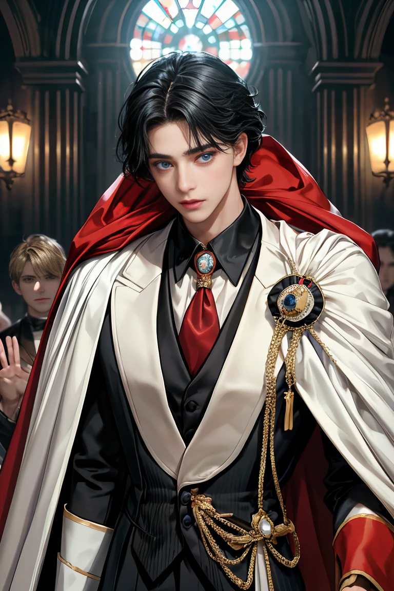 
masterpiece, 最high quality, high quality, 1 boy, alone, Male focus, Watching the audience,  Messy black hair, Adorable big blue eyes, White, Noble, Noble,Sexy voluminous cape、Tuxedo、A very voluminous, large, very large, very large, long, long red and black cape with a high stand-up collar, reaching down to the floor, made of a lot of fabric., 17 years old,Cute beautiful boys,Cute, cute, kind, handsome guy