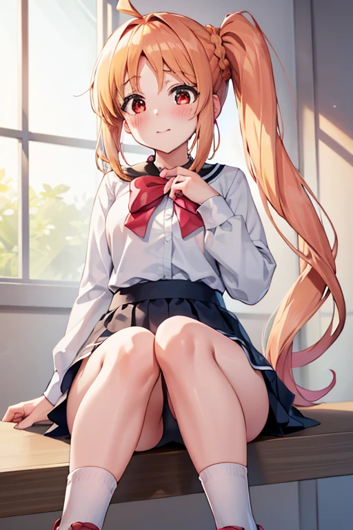 (Tabletop), highest quality, High resolution, 4K, One Girl, alone, blush、Nice hands, 1 in, Side Ponytail, Long Hair, Ahoge, Cute Underwear、Red Bow, White socks,