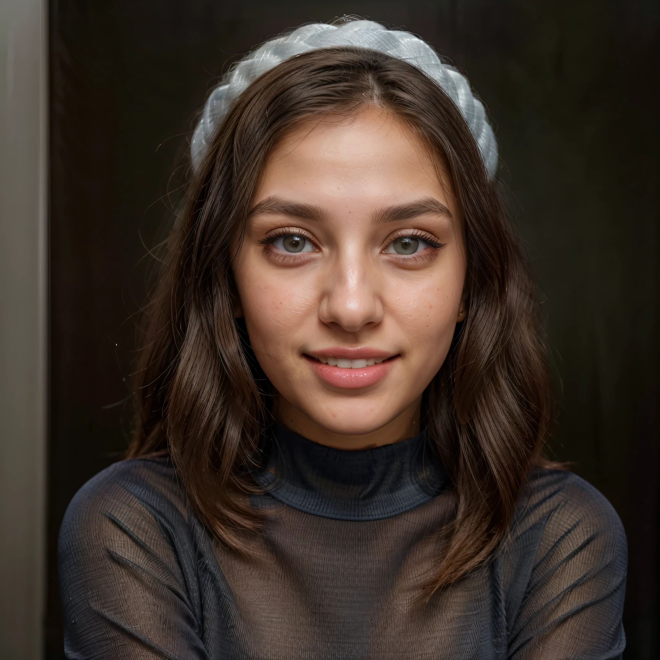 (8k, highest quality, ultra detailed:1.37, mid-range image),1girl, white teethes, small nose, big eyes, 18yo, modest clothes, in a dentist clinic, setting on the dentist chair, light green eyes, small head, acne,bad skin,small nose, acne skin, real, thick hair, super realistic detailed eyes, super realistic detailed teethes, a stylish Palestinian women, modest, wearing a long plain black t-shirt, attractive smile, white teeth, showcases her unique fashion sense in a trendy setting. The high-resolution image captures ultra-detailed realism, highlighting confident pose, captivating eyes, big eyes, and flawless complexion.