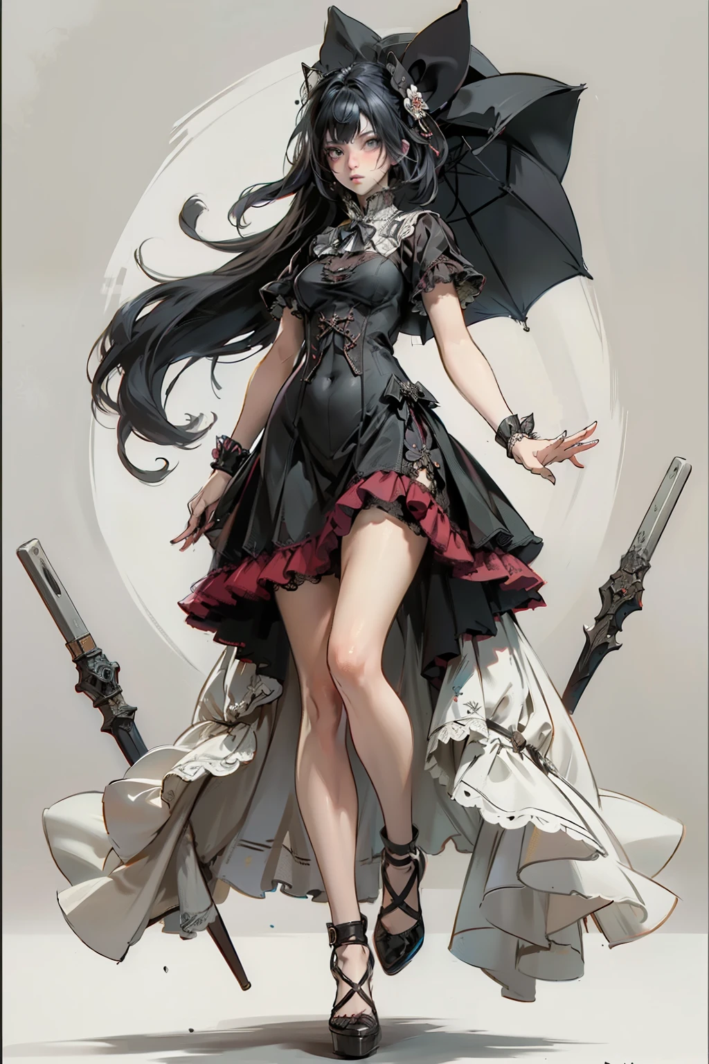 ((best quality)), ((masterpiece)), (detailed), a penitent female, blank white background, plain background, white background, red and white clothing, Bloodborne aesthetic, occult aesthetic, occult, occult paraphernalia, detailed and intricate steampunk and detailed gothic, NSFW, Very dramatic and cinematic lighting, cosmic horror, grim-dark, side-lighting, perfect face, NSFW, Fluttering lace flared dress with frilly petticoats, pleated petticoats, petticoats, complex lace boots, side-lighting, gothic aesthetic, chains, mechanical components, carbine, NSFW, beautiful small breasts, small breasts, full body, whole body, body, plain background, white background, blank background, no background, white background NSFW, full body, whole body, head-to-toe dynamic poses NSFW
