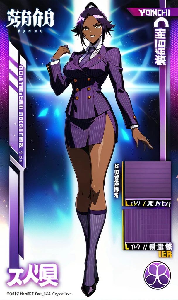 Full body Yoruichi as a thin Black business woman in a double breasted pinstripe purple skirt suit while wearing a tie with a long purple pinstripe skirt and with purple knee socks full art
