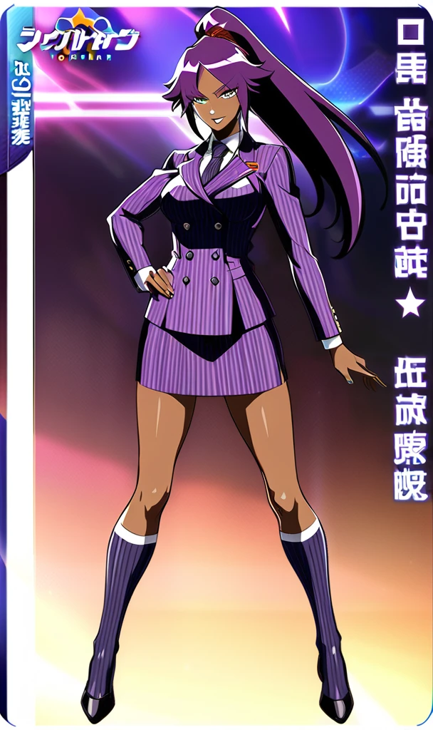 Full body Yoruichi as a thin Black business woman in a double breasted pinstripe purple skirt suit while wearing a tie with a long purple pinstripe skirt and with purple knee socks full art