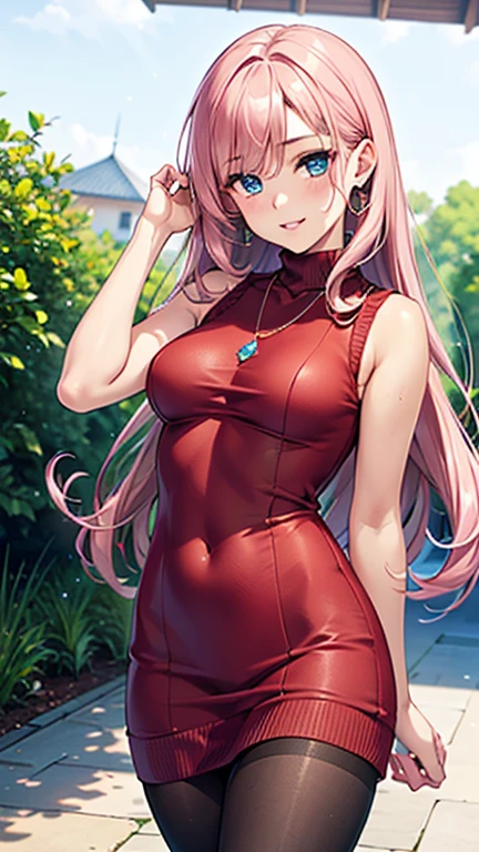A girl is posing for a photo,pretty girl,Enchanting girl,Anime Girls,
(((One Girl,Baby Face,))),
BREAK
((Red sleeveless high neck sweater dress:1.4、Black Pantyhose、High heels))、Earrings、Fancy Necklace、
BREAK
((Matte pink hair)), ((quite long hair、Curly hair))、
(Drooping eyes,blue eyes),(Small breasts),
BREAK
(Beautiful Hair,Shiny Hair),
(Expression of fine eyes,Beautiful and delicate eyes,Sparkling eyes,Eye Reflexes),
(double eyelid,Long eyelashes),
(Beautiful Nose,Thin Nose),
(Glossy lips,Beautiful Lips,Thick lips),
(Symmetrical facial features,Perfect Face),(((Detailed skin,Oily skin,Textured skin,Beautiful Skin))),
BREAK
(Captivating smile),
((noon、garden:1.4、pavilion)),((Dynamic Pose、Put your hands together above your head:1.4、Face the viewer、Cowboy Shot)),
(Character Focus、breast focus),
BREAK
(((highest quality)),((masterpiece)),((Very detailed))),((High resolution),(8k),(16k,1080p),(Anime 2D Rendering)),(Anatomically correct),
((Realistic)), (The best CG),Highly detailed art,CG illustration,