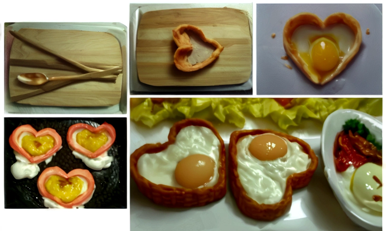 arafed heart shaped eggs in a basket with a fork and spoon, food art, eggs, hearty breakfast, ❤🔥🍄🌪, romantic!!!, mmmmm, super realistic food picture, Imaginative!!, yolk, Imaginative!!! , creative and cool, realistic!!, amazing craftsmanship, very very creative, Delicious, realistic!!!, surreal!!!