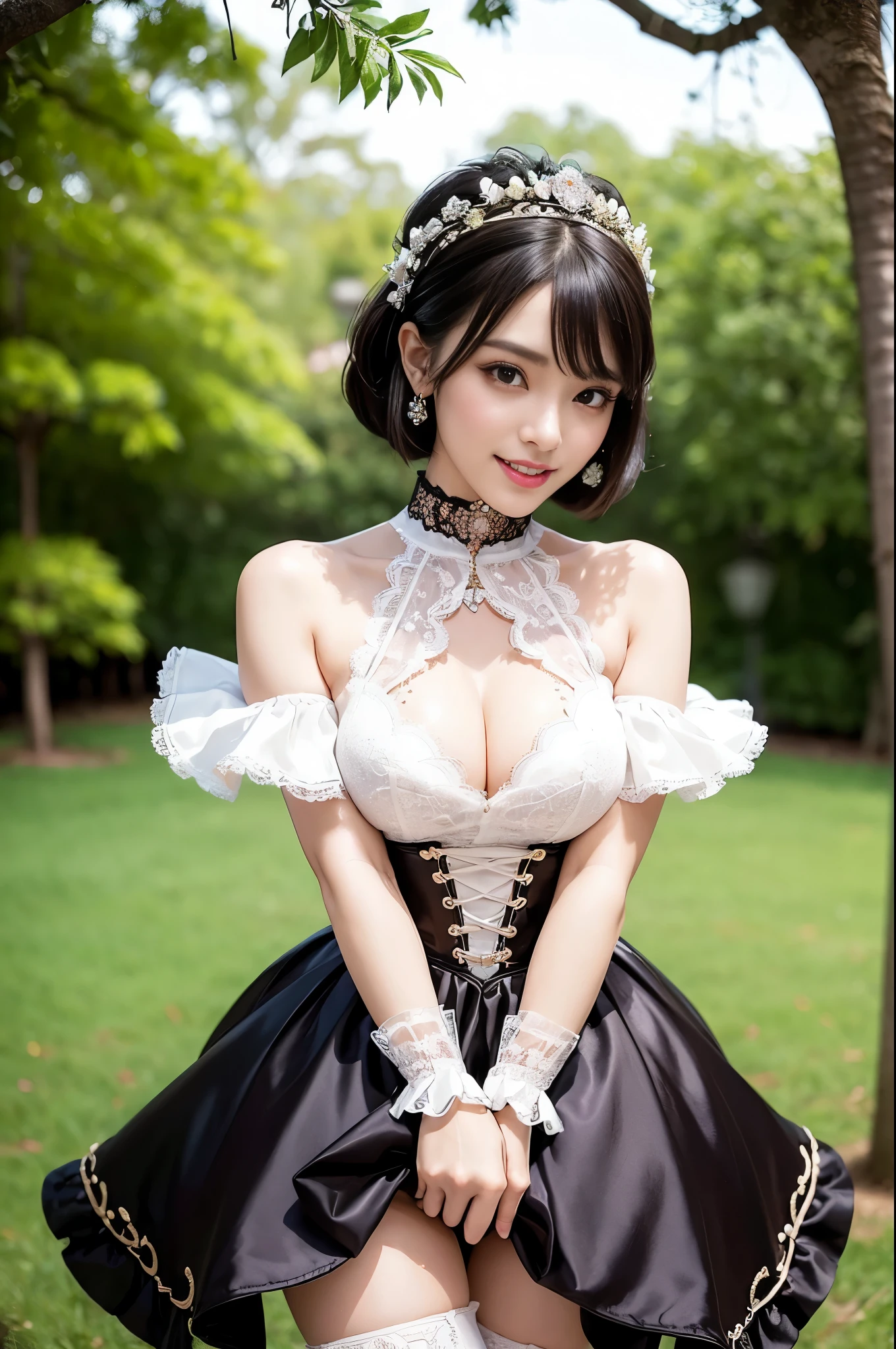 nsfw, y stylish Thai model, only 1 female, ((doll-like appearance)), short Mahogany stylish hair, ((shiny Victorian-Style boots)), (big smile), ultra detailed eyes, vivid eye makeup, lip-gloss, long lashes, defined eyebrows, ((sexaradise Kiss cosplay)), bell-shaped skirt, petticoats, high neckline, puffedeves, ((ultra detailed lace)), ((ultra detailed embroidery)), intricate details, Paradise Kiss accessoires and matching headpiece, choker, ((large sparkling Paradise Kiss jewelry)), cinematic light, detailed large park background with trees
