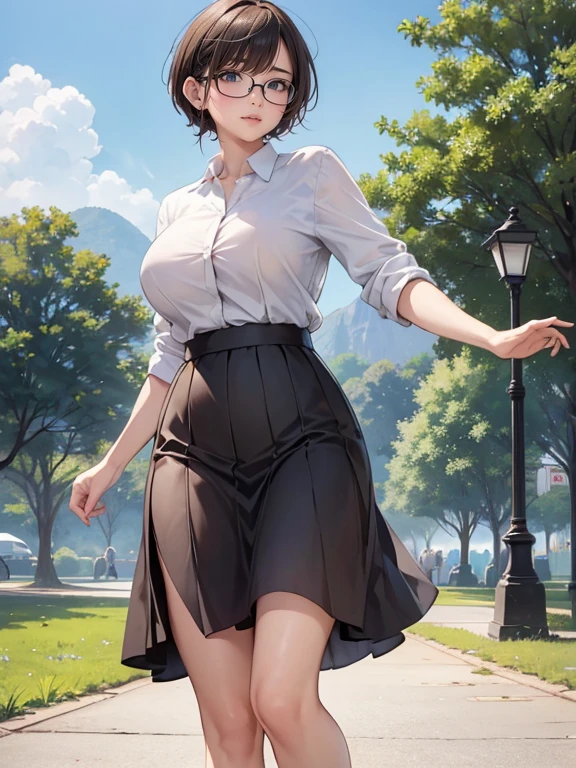 Mature Woman　(short hair)　(Pixie Cut)　plump　　attractive appearance　Short brown hair with bangs　Rimless Glasses　Big eyes　Expressions of joy　　Large breasts　A fitted shirt and a maxi-length flared skirt　at the park　　masterpiece　humidity　　Drawing from below　Portraiture　　Low - Angle　Beautiful feet　　　Skirt fluttering in the wind　Flip-up skirt　　　Accentuate the crotch　she&#39;not wearing panties under the skirt　Genitals are exposed　The skirt was pulled up　Accurate Body Composition