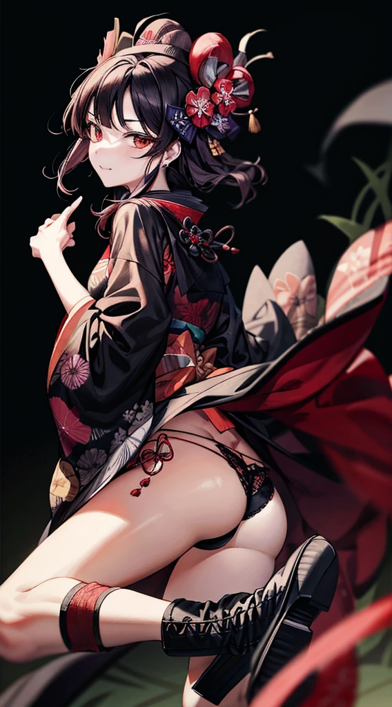 {{{ukiyo-e_style}}},{{flat_style}},{Simple_color},{{{masterpiece}}},{katsushika_hokusai},length_hair,hair_flower,{{black_hair}},red_eye,red_null,{Chinoiserie},{{{Highest_quality}}},kimono,{{Super detailed}},{figure},Maple_leaf_flight,{{One Woman}},{{{alone}}},{{of_Very To_delicate_ofd_beautiful}},blofk_stare,close_To_Audience,{Wind},{flight_splash},{flight_petal},Wind,{Gorgeous ofd rich graphics}((Undressed kimono))((Big Ass))((black thong))(((Black leather long boots)))