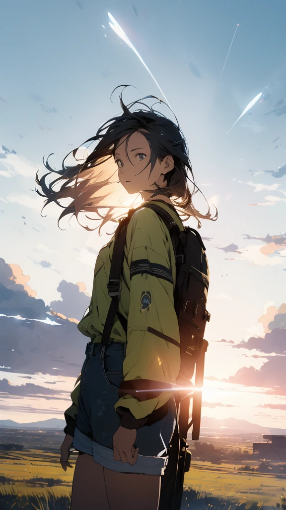 The vast sky, beautiful skyline, large grasslands, extremely tense and dramatic pictures, moving visual effects, the high-hanging Polaris, and colorful natural light. Long-sleeved top, denim shorts, and a girl with a backpack.