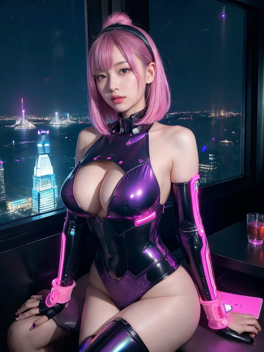 最high quality, masterpiece, 32k、Very detailed、Realistic、1 girl, Japanese women、Cute Face, (photo Actual:1.3),Bob Hair(Purple pink hair color、Purple hairstyle)、Edge lighting, (Skin with attention to detail:1.2), 8k超High resolution, Single-lens reflex camera, high quality, High resolution, 4K, 8k, Optimal ratio of four fingers to one thumb, (Actual:1.3), cute 1 girl, Realistic、Super Realistic、32k、Very detailed、masterpiece, 最high quality, beautiful girl, beauty、Small breasts, Mecha, Beautiful lighting, (Neon Light:1.2), (night:1.5), Purple Cyberpunk Costume、Sitting,Cyber Neon、Future City、Skyscraper、都会のnight、Shanghai、Big cities、night景、綺麗なnight景