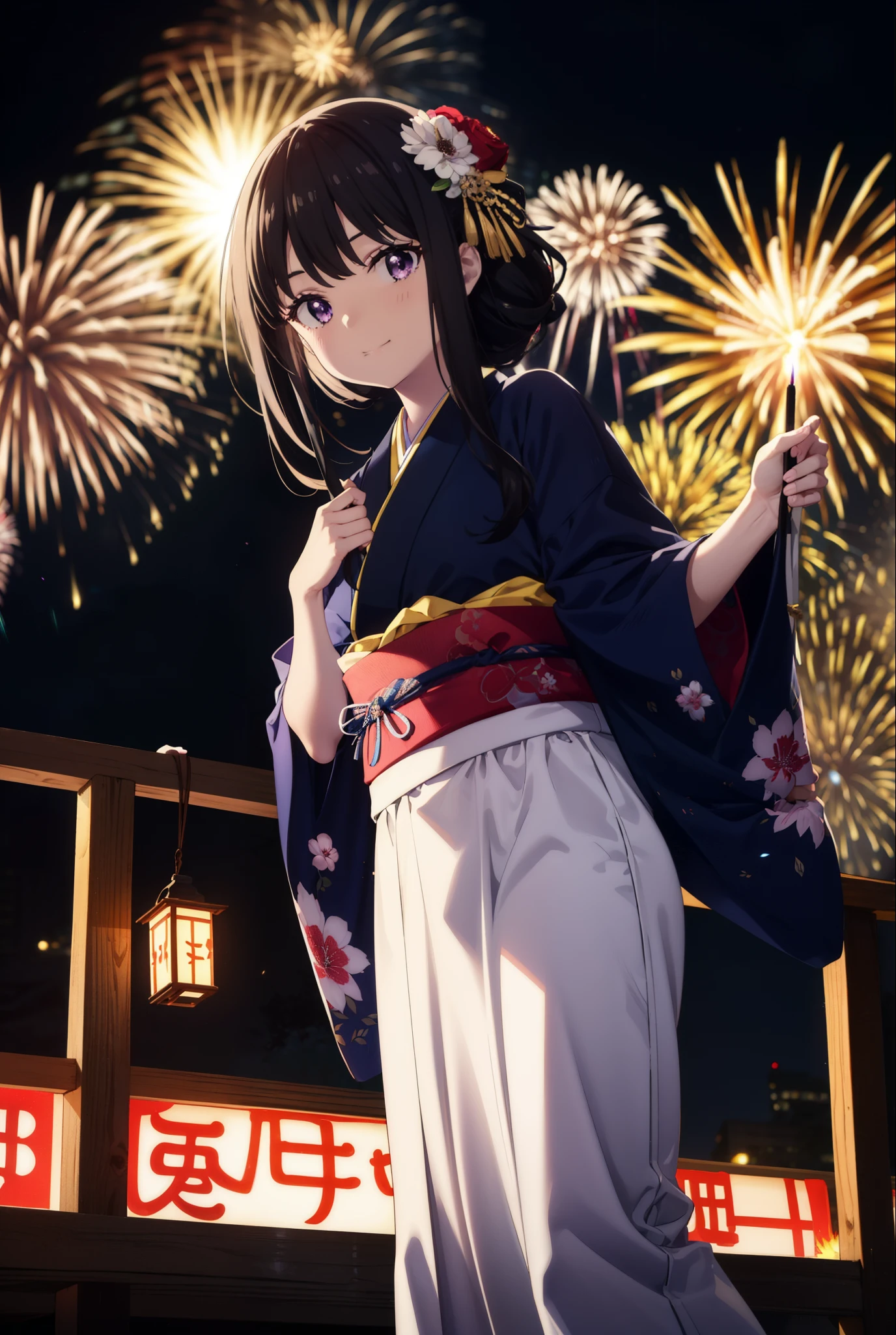 Takiuchi, Check it out,One Girl, Long Hair, bangs, Black Hair, (Purple eyes:1.2),Flower Hair Ornaments,hair tied back,smile,blush,Embarrassing,Blue Kimono,Sandals,日本のfestival,夏festivalの屋台、Red lantern,Fireworks in the night sky,Fireworks,The place is a fireworks display,Time is night,whole bodyがイラストに入るように,Looking up from below、Walking,
break outdoors, festival,shrine,
break looking at viewer, whole body, (Cowboy Shot:1. 5)
break (masterpiece:1.2), highest quality, High resolution, unity 8k wallpaper, (figure:0.8), (Beautiful fine details:1.6), Highly detailed face, Perfect lighting, Highly detailed CG, (Perfect hands, Perfect Anatomy),