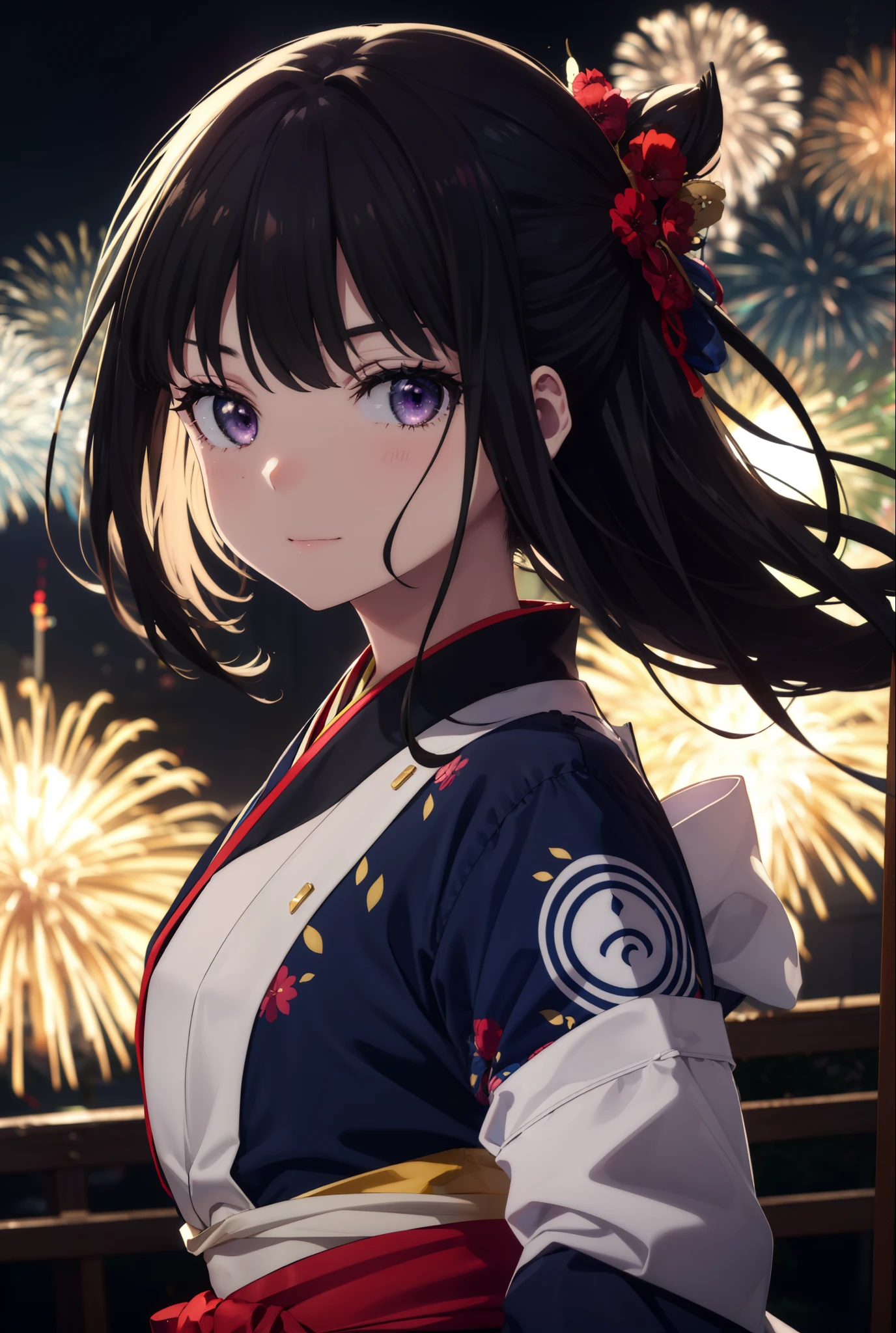 Takiuchi, Check it out,One Girl, Long Hair, bangs, Black Hair, (Purple eyes:1.2),Flower Hair Ornaments,hair tied back,smile,blush,Embarrassing,Blue Kimono,Sandals,日本のfestival,夏festivalの屋台、Red lantern,Fireworks in the night sky,Fireworks,The place is a fireworks display,Time is night,whole bodyがイラストに入るように,Looking up from below、Walking,
break outdoors, festival,shrine,
break looking at viewer, whole body, (Cowboy Shot:1. 5)
break (masterpiece:1.2), highest quality, High resolution, unity 8k wallpaper, (figure:0.8), (Beautiful fine details:1.6), Highly detailed face, Perfect lighting, Highly detailed CG, (Perfect hands, Perfect Anatomy),