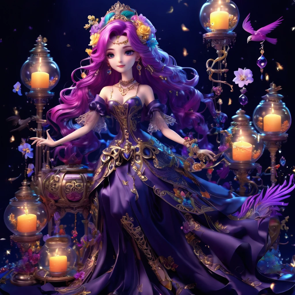 1 magic girl, long hair, bright hair color, seductive eyes, mysterious expression, mature appearance, charming dress, flowing short dress, elegant jewelry, intricate decoration, magic symbols, glowing accessories, potions, scrolls, cute accents, bows, ribbons, flowers, birds, skeleton