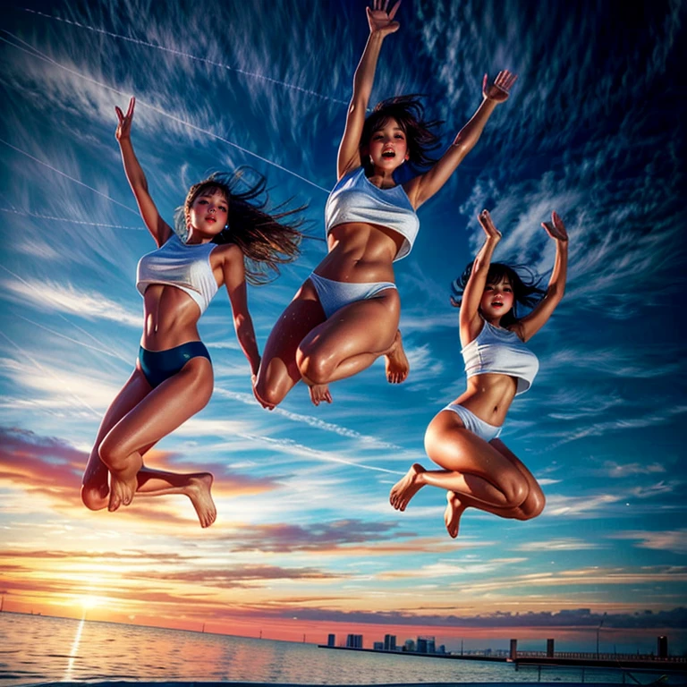 (White and vivid colors, exposed:1.2), (Legwear:-1), (Acutance:0.85), (Upward composition, Thongs:1.2), surfer girls (Flying, Jumping High:1.5), ((face variations)), { Navel | pretty Ass || Thongs | Delicate lace knitted wear | (morning glowing) }, { Oiled pearl skin with tanlines | Childish | Overflowing | Biomechanical HUGE and HEAVY boob } . BREAK (portrayed in the best quality and high resolution, ultra-detailed, realistic and (photorealistic:1.37) with a touch of rawness). { Volumetric (back lighting) | concept art | enhancing the overall visual impact }. { Whole Body proportions and all limbs are anatomically accurate | ((Gigantic Overflowing sideboob:1.25)) | (:d) | (Different types of hair colors) } . Colorful Sky background with Sunrising (Above splashing big wave)